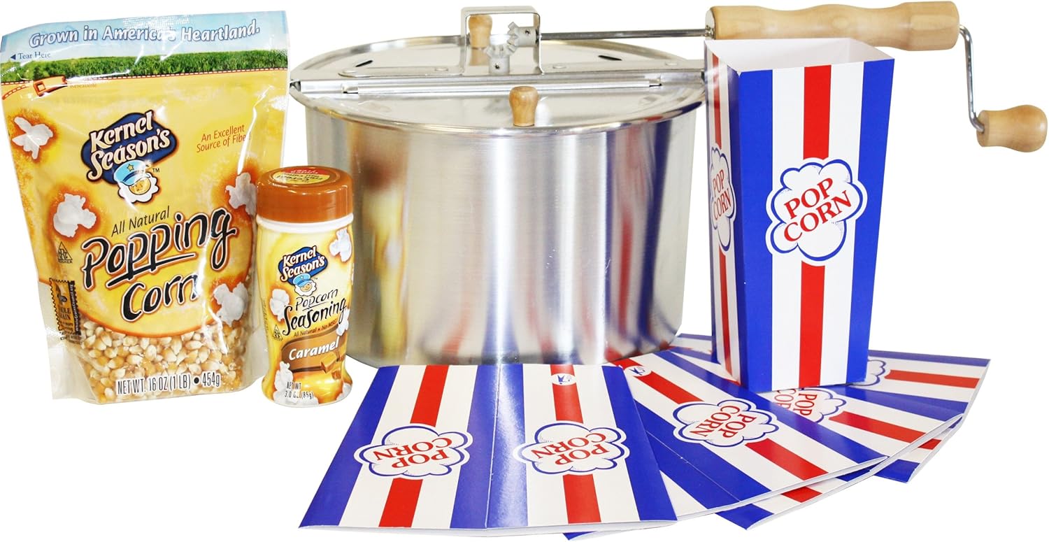 Stovetop Popcorn Maker with Popping Corn, Seasoning and 10 Popcorn