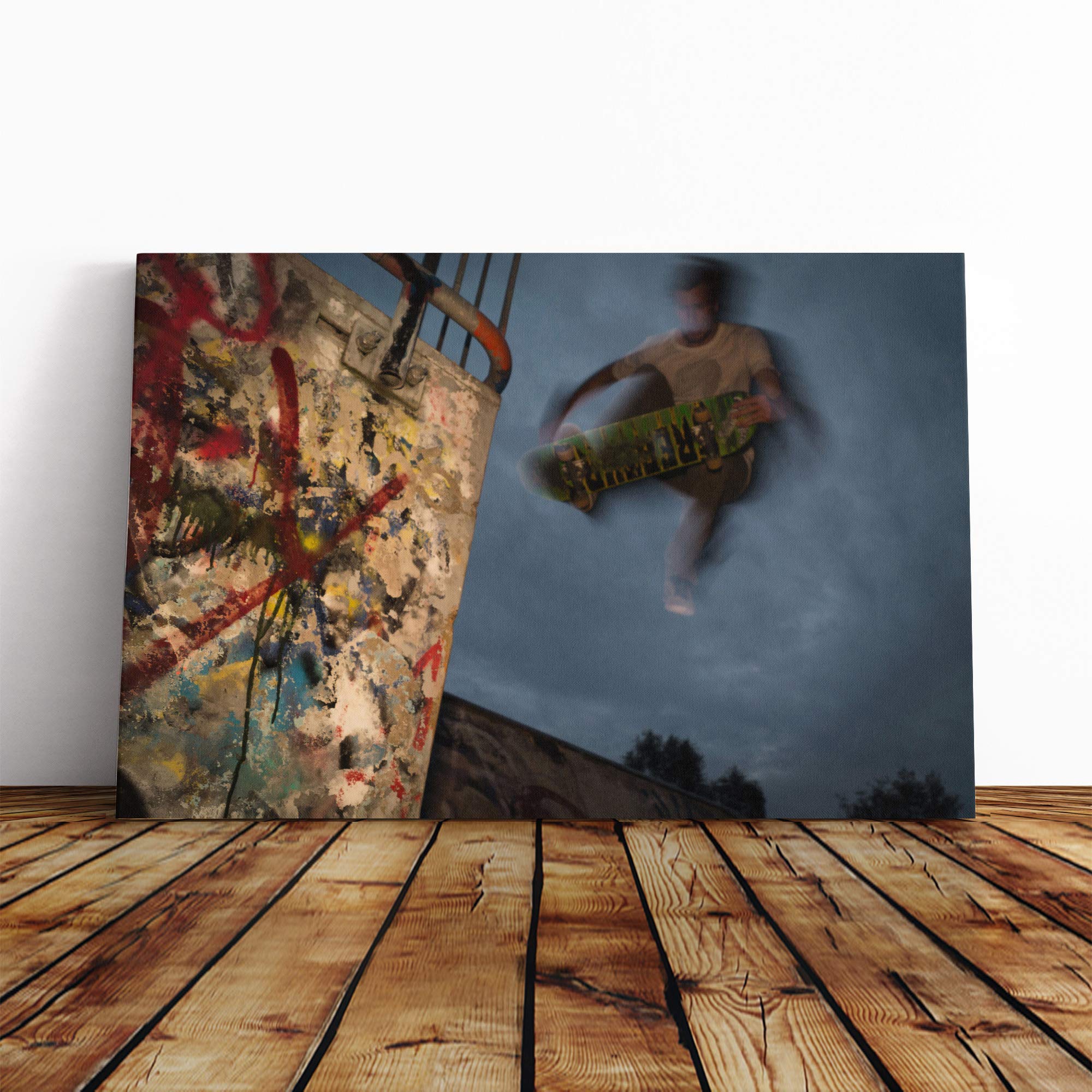 Skateboarder Mid Air Trick Canvas Print | Gallery Wrapped 30mm Frame Wall Art | 24x16 inches | Ready to Hang | Modern Picture | Living Room Bedroom Lounge Office