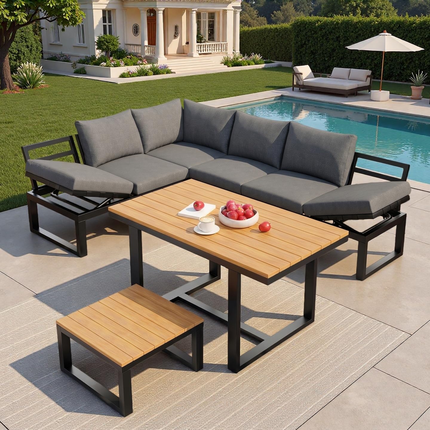 Sapgaks Ensemble de Salon de Jardin extérieur pour 6 Personnes avec Dossier réglable,canapé d'angle avec Table et Table Basse,Structure en Acier résistant aux intempéries (Gris-11)