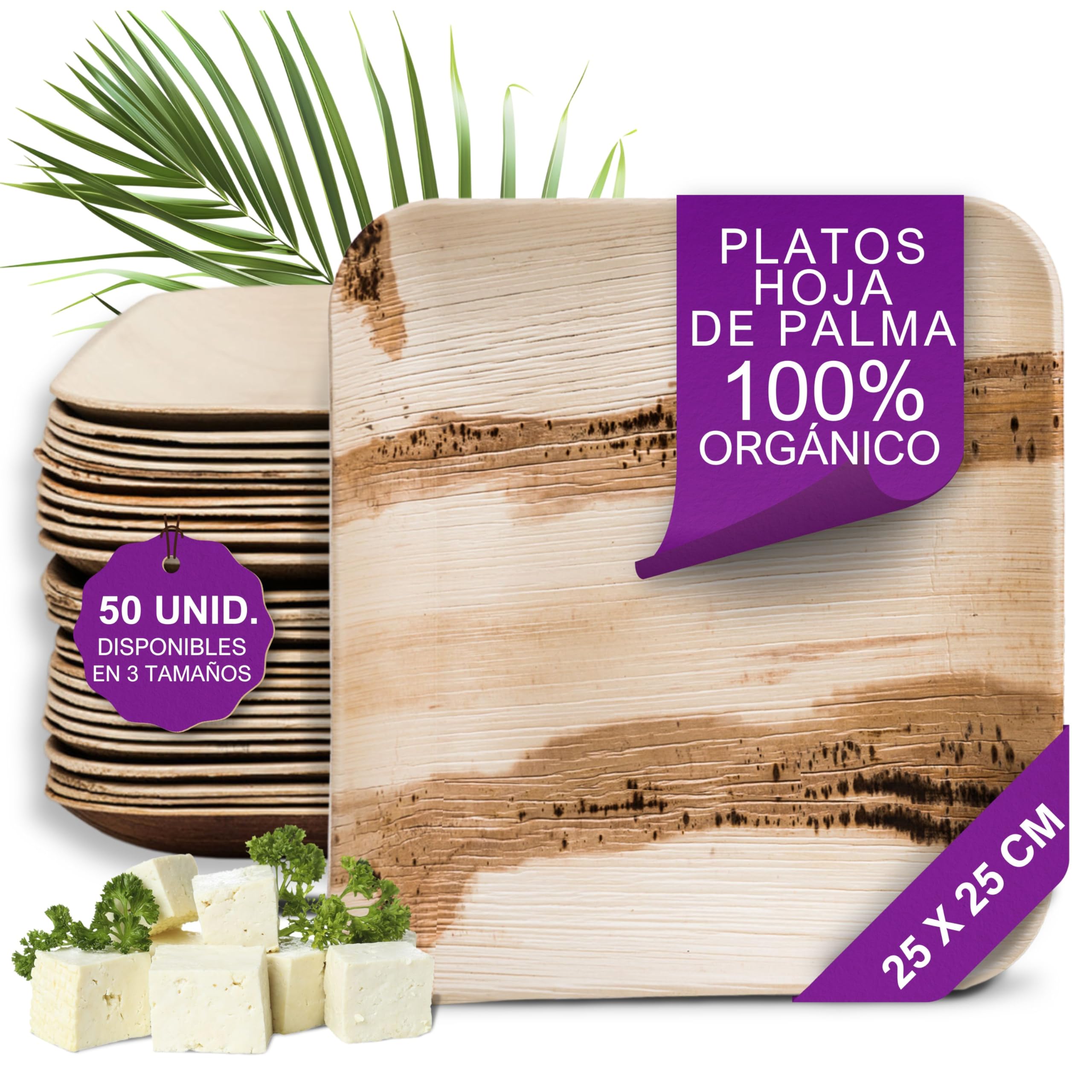 50 Platos Desechables de Hoja de Palma Orgánicos - Cuadrado 25x25 cm - Vajilla Ecológica Elegante - Estable, Natural y Compostable - Menaje para Fiestas, Barbacoas y Picnic