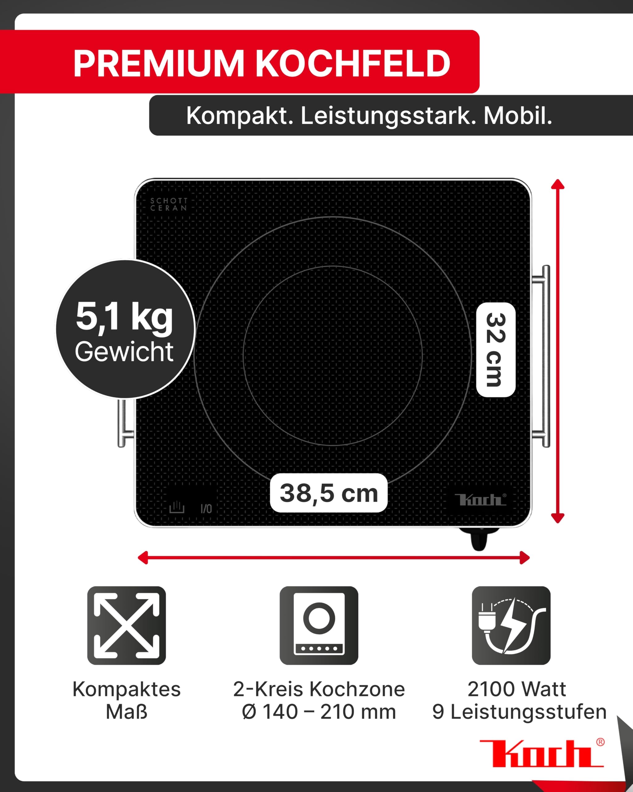 KOCH RGK30 - Ceran Kochplatte 2 Kreis 2100 Watt – 9 Leistungsstufen - Schott & E.G.O. Technologie für Outdoorküche Bistro Appartement Wohnwagen Ferienwohnung - Design Edition by Koch - Made in Germany