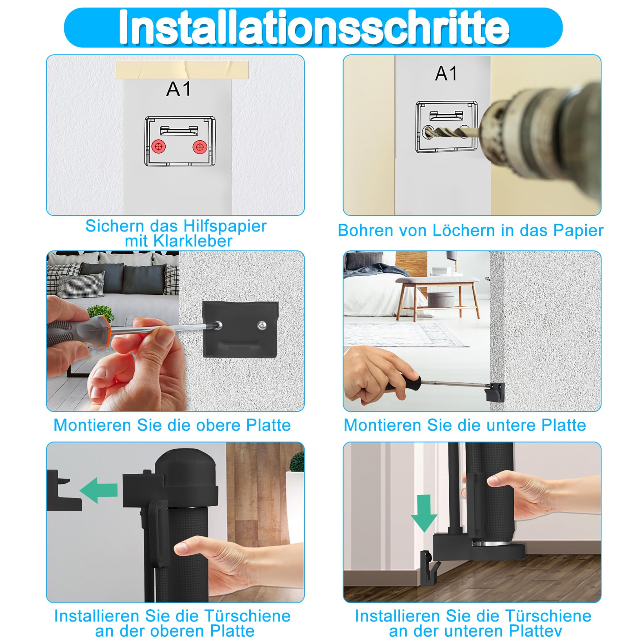 LARS360 Rejilla de protección para puerta extensible 0-300 cm, 87 cm de alto, rejilla de protección para bebé, con una mano, para escaleras, puerta, interior y exterior, color negro