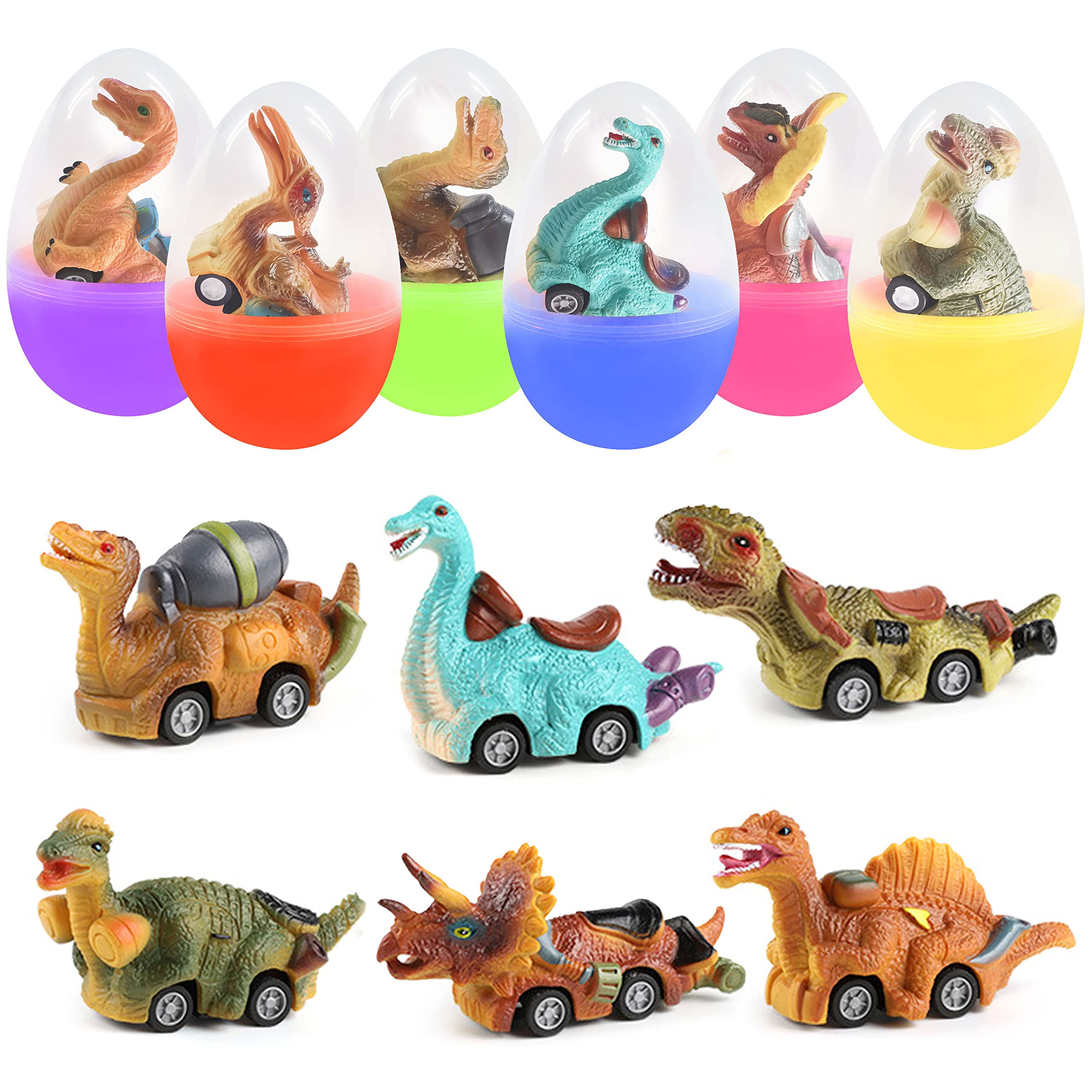 6 Pack Jumbo Eggs with Dinosaur Pull Back Cars Toys Inside for Kids Boys Toddlers Easter Basket Stuffers Party Favors Easter Egg Fillers