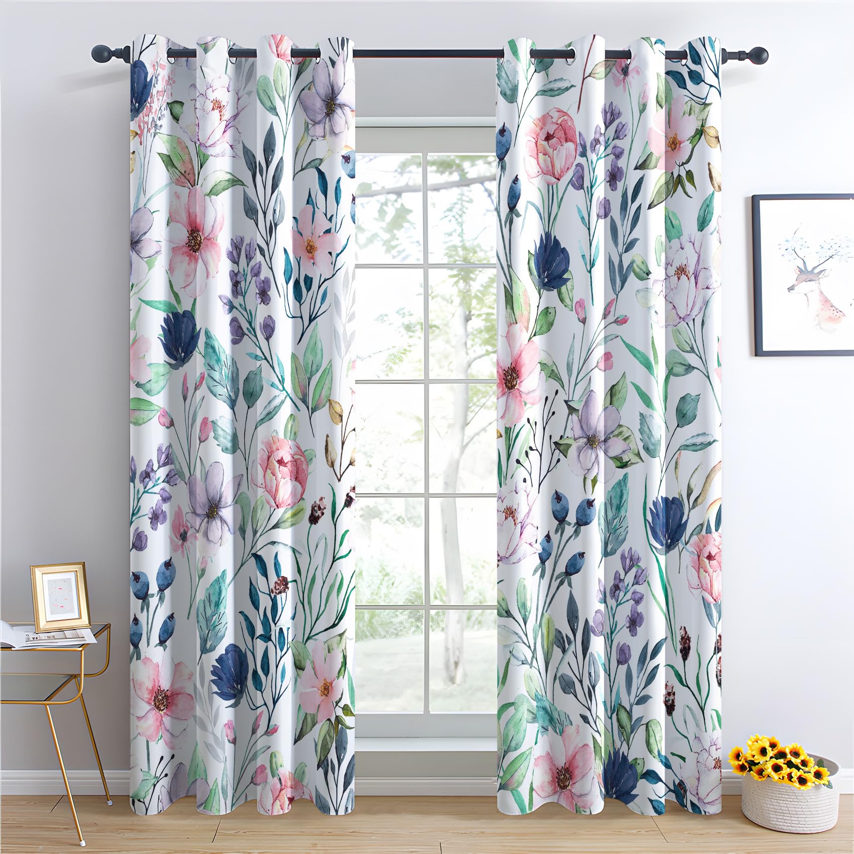 Rideau Occultant, Motif Fleuri - Rideaux Thermiques Imprimé pour Salon Chambre Fenetre, Lot de 2 Rideaux et Draperies Intérieurs à Oeillets, 75x166 cm (L x H)
