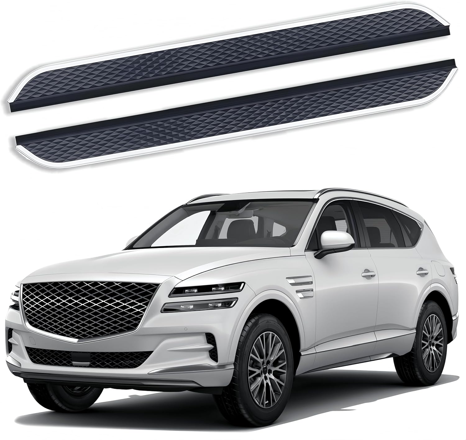 2PCS Running Boards Compatible with Genesis GV80 2021-2025 Black with Silver Side Step Bars Board Pedals Aluminum Anti Slip