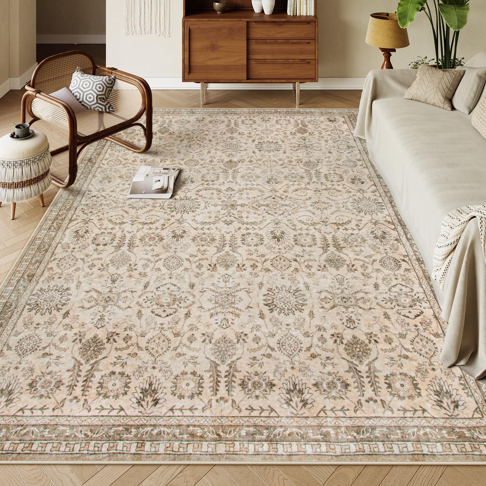 Lahome Boho Beige Area Rug 8x10, Traditional Tan Floral Area Rugs for Bedroom, Machine Washable Living Room Mats, Soft Non-Slip Room Carpet for Office Apartment Nursery, Soft Amber