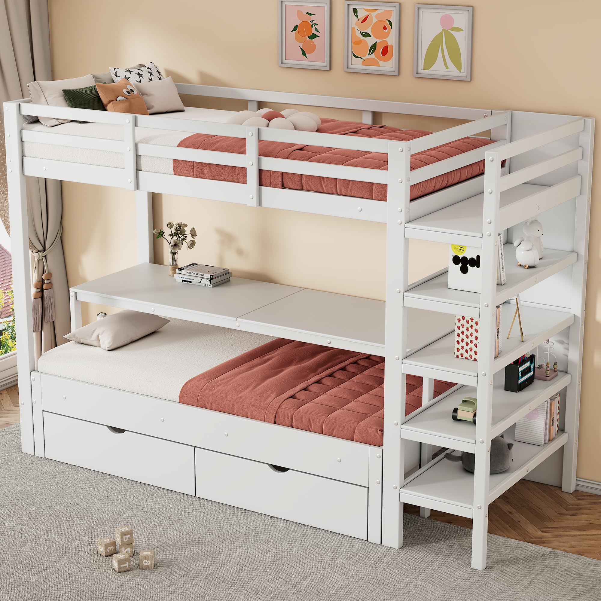 Kayan Kinder-Etagenbett, Doppelbett, multifunktionales Kinderbett, mit Leiter, mit Tisch, mit Aufbewahrungsschubladen unter dem Bett, mit Aufbewahrungsregal, ohne Matratze, Massivholz, weiß, 90 * 200