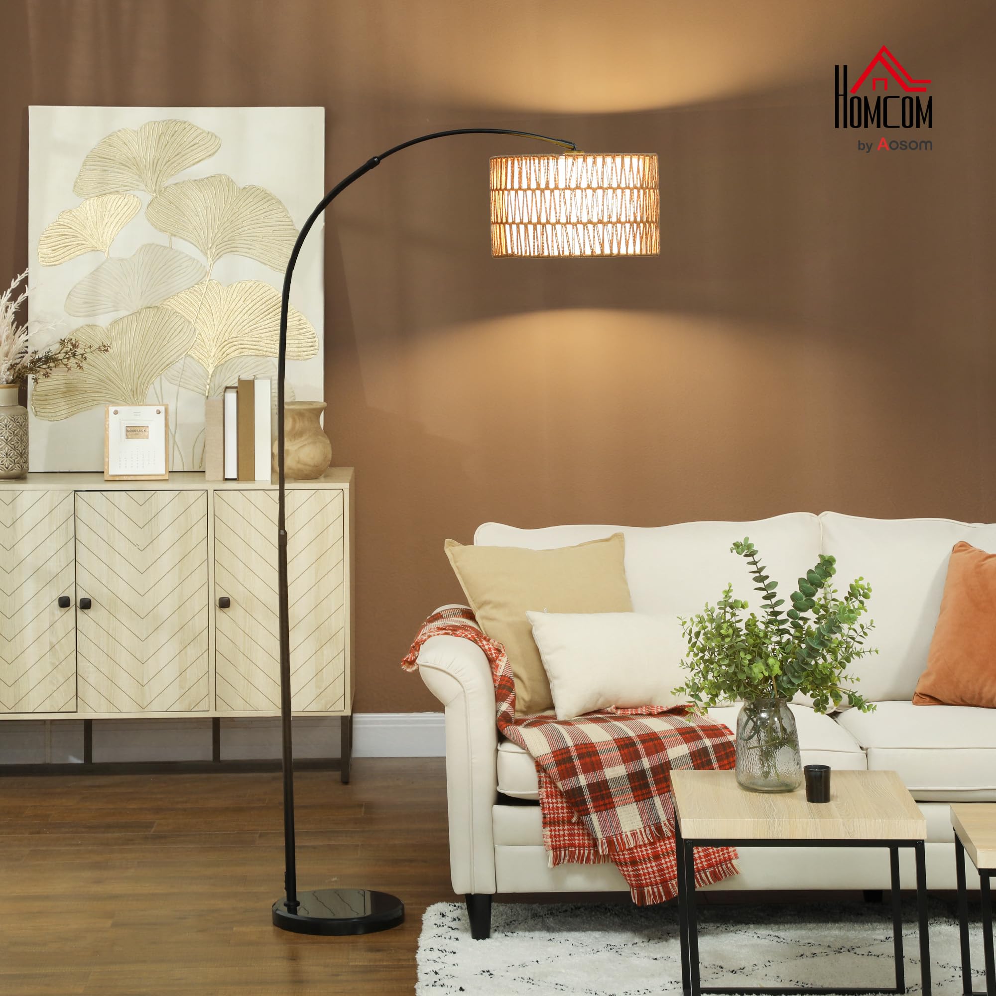 HOMCOM Lámpara de Pie de Arco Salón Altura Ajustable Negro y Marrón | Lámpara de Pie Salón, Pantalla de Yute, Interruptor de Pie, Base de Mármol, para Sala de Estar Oficina Dormitorio