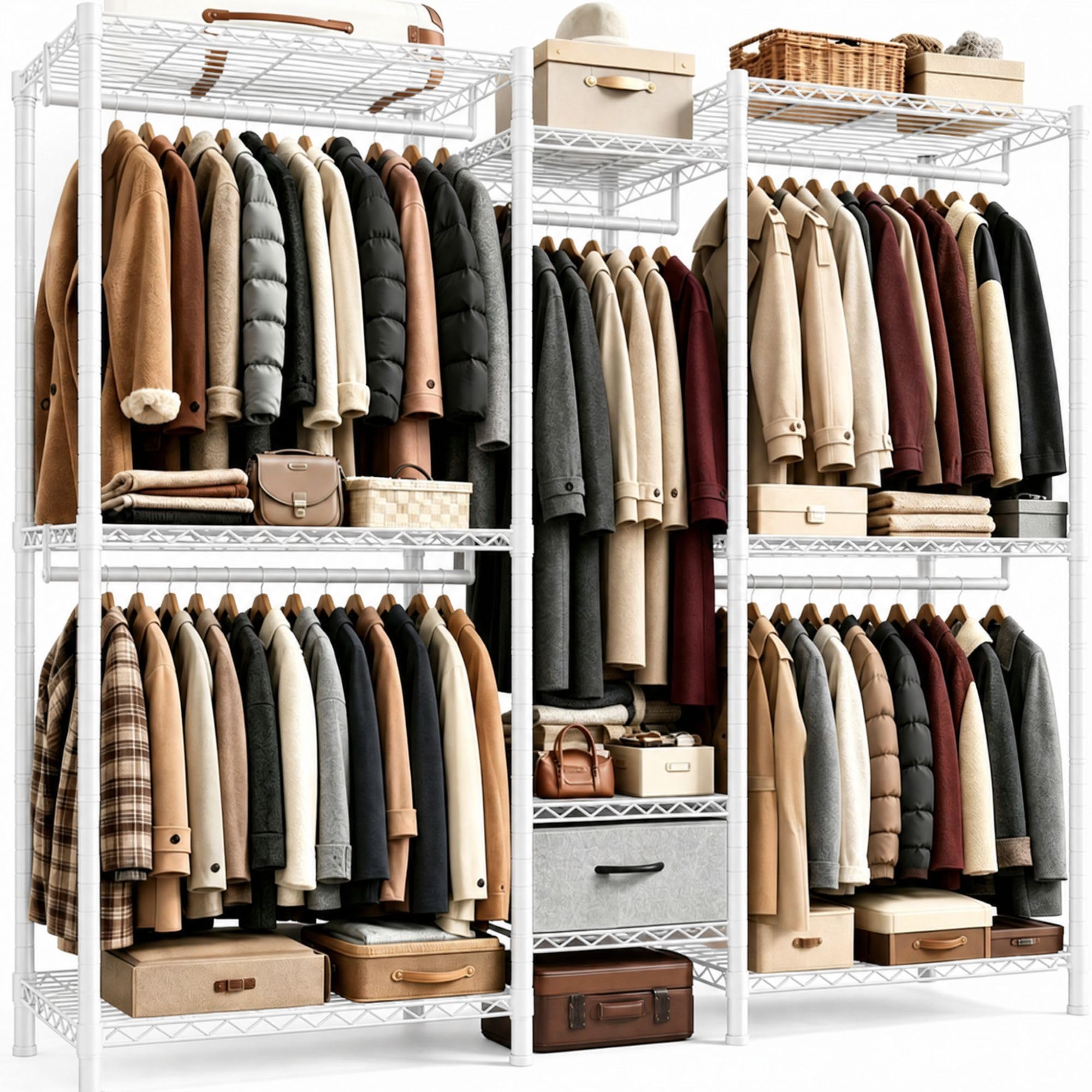 Burro ropa resistente, Armarios dormitorio metálico con 8 estantes regulables en altura, 5 barras para ropa y 1 cajón, 550 KG de carga, Perchero burro ropa, 189x45x194,5 cm, Blanco