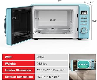 Galanz GLCMKZ09BER09 Retro Countertop Microwave Oven with Auto Cook & Reheat, Defrost, Quick Start Functions, Easy Clean with Glass Turntable, Pull Handle, 0.9 cu ft, Blue