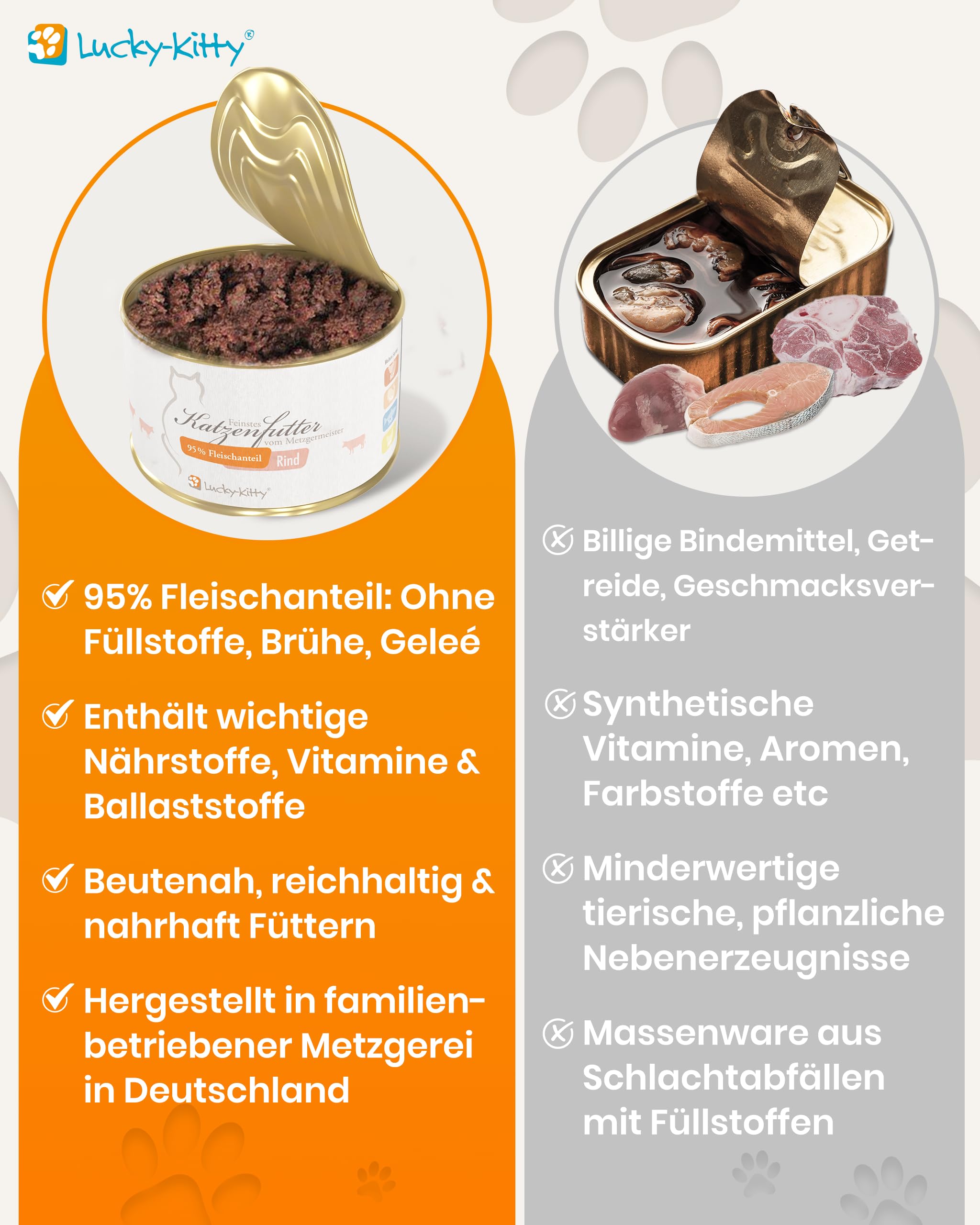 Lucky-Kitty Katzenfutter Nass Rind, 95% Fleisch, Monoprotein, 16x200g | 95% Fleisch, Ohne Getreide & Zucker, Lebensmittelqualität, Keine Zusätze, Made in Germany
