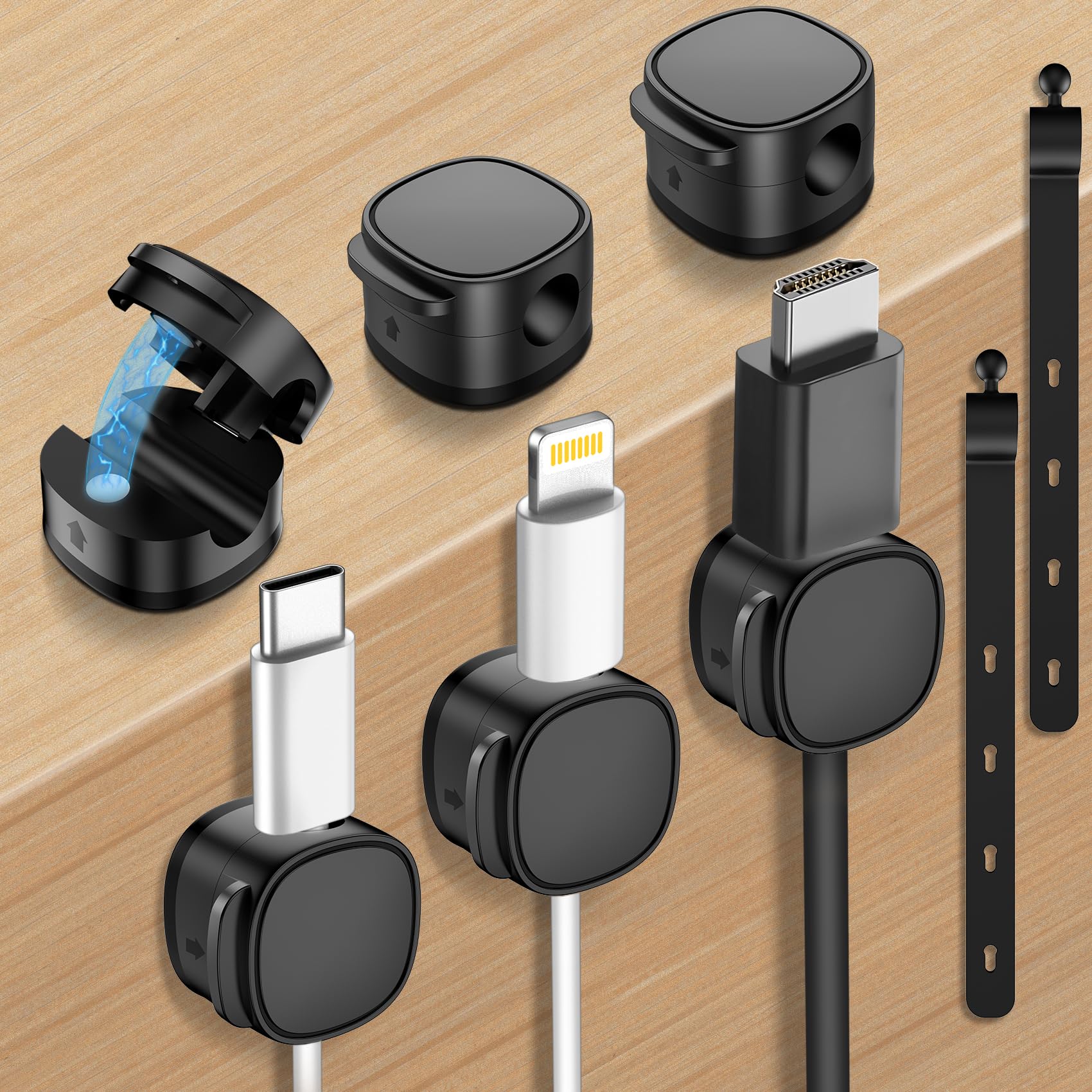 Paquete de 6 clips magnéticos para cables y bridas para cables, soporte para cables [organizador ajustable suave para cables], gestión de cables debajo del escritorio, soporte adhesivo para cables de