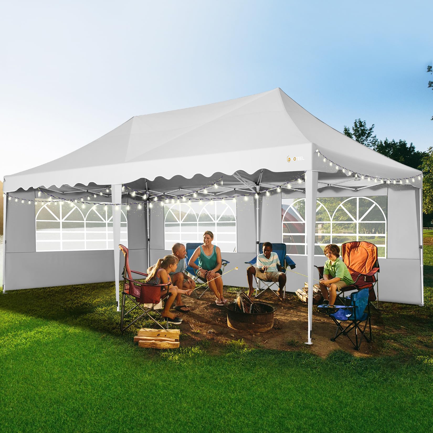 HOTEEL Canopy Tent 10x20 Pop Up Canopy, Waterproof Outdoor Canopy Tent with 6 Sidewalls for Parties, Large Easy Up Wedding Tent with 4 Sandbags, Church Windows, Rolling Bag for Backyard Event, White
