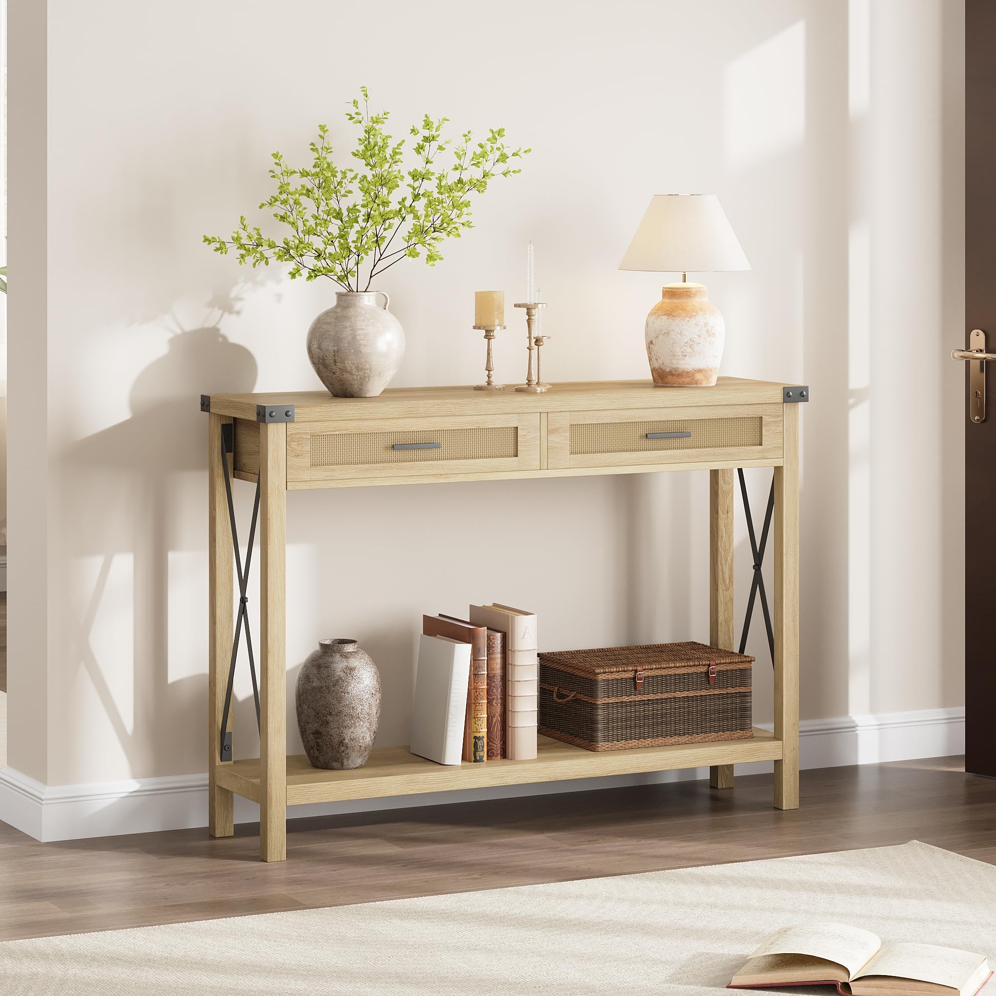 Litake Konsolentisch Rattan mit 2 Schubladen& Offene Ablage, Flurtisch Eingangstisch Schmaler Sofatisch für Wohnzimmer, Arbeitszimmer, Eingangsbereich oder Fernsehwand