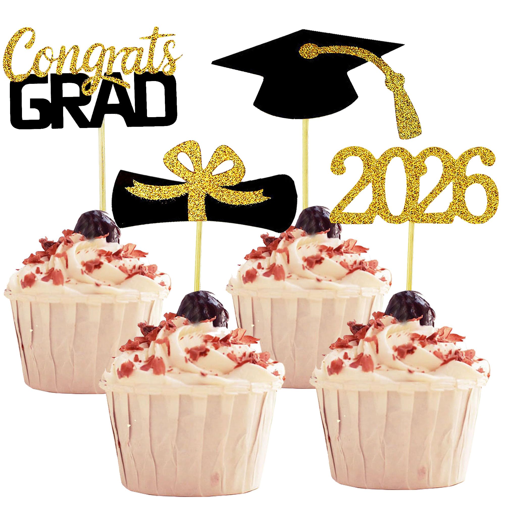2026 Graduation Cupcake Toppers, 48 PCS Food/Appetizer Picks For Graduation Party Mini Cake Decorations, Diploma, 2026, Grad Cap Set 48 Pieces (01 Gold)