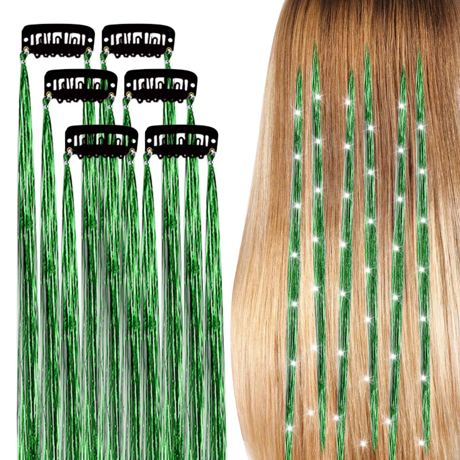 Mechas Pelo Extensiones, 6 Piezas Trenzas Postizas Extensiones De Pelo Trenzas Pelo Niña Con Clip MetáLico Para BB De Alambre Láser Extensiones De Clip Accesorios Pelo Niña Tricolor Opcional (Verde)
