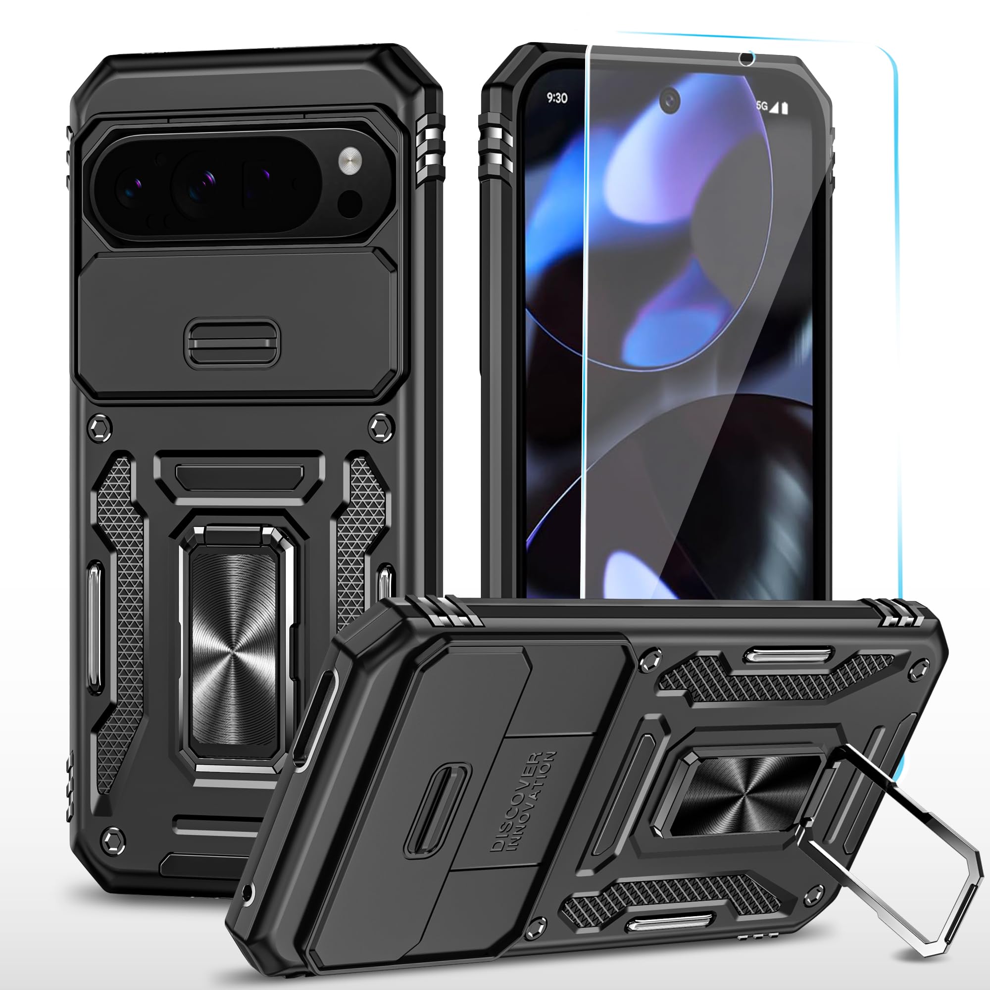 SunStory Phone Case for Google Pixel 9 / Pixel 9 Pro Case with HD Screen Protector & Slide Camera Cover & Rotated Ring Kic...