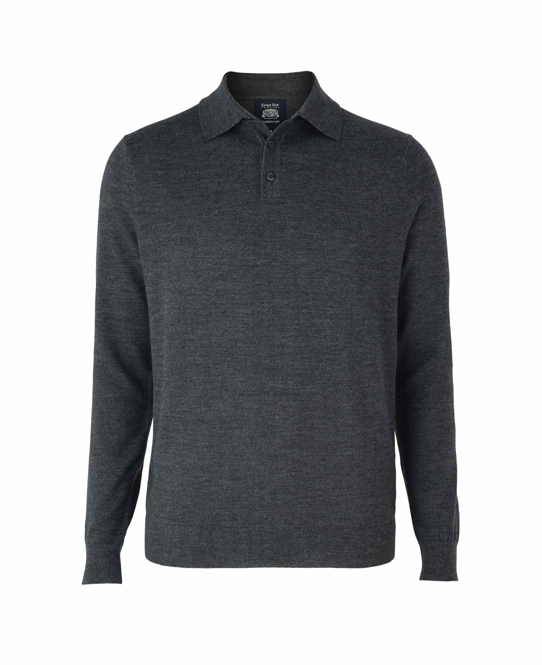 The Savile Row Company London Men's Charcoal Merino Wool Knitted Long Sleeve Polo - Extra Large