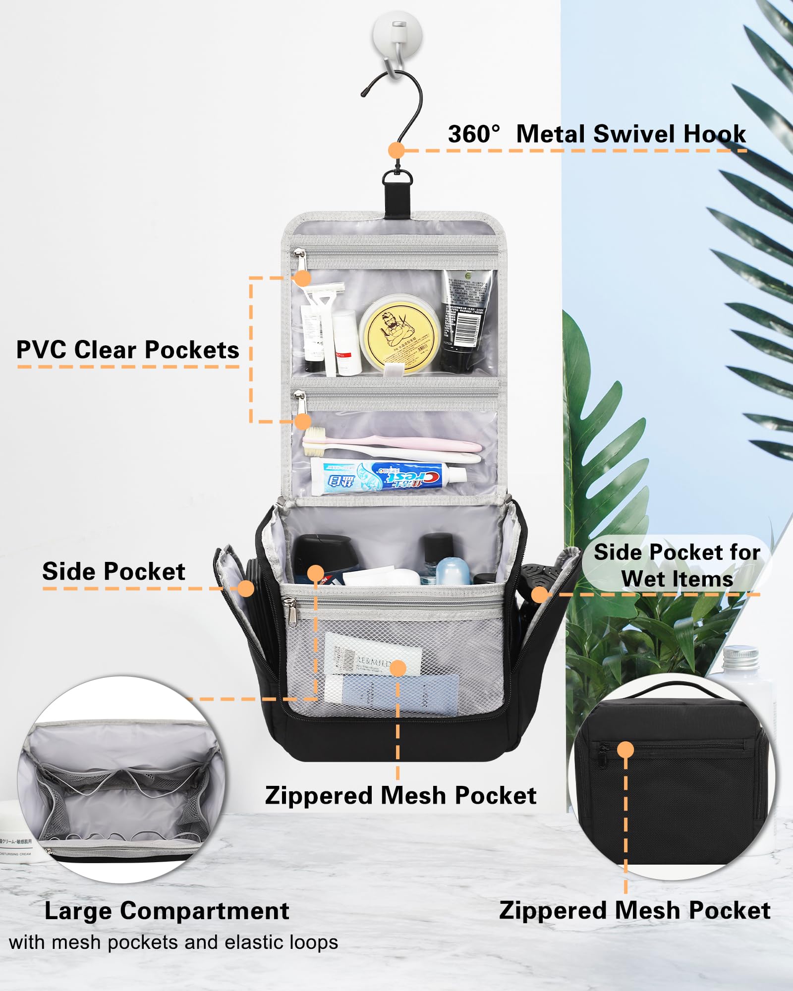 Bolsa de artículos de tocador colgante para hombres y mujeres, organizador de cosméticos de maquillaje grande impermeable, kit de afeitado Dopp, bolsas de higiene para baño, accesorios esenciales de