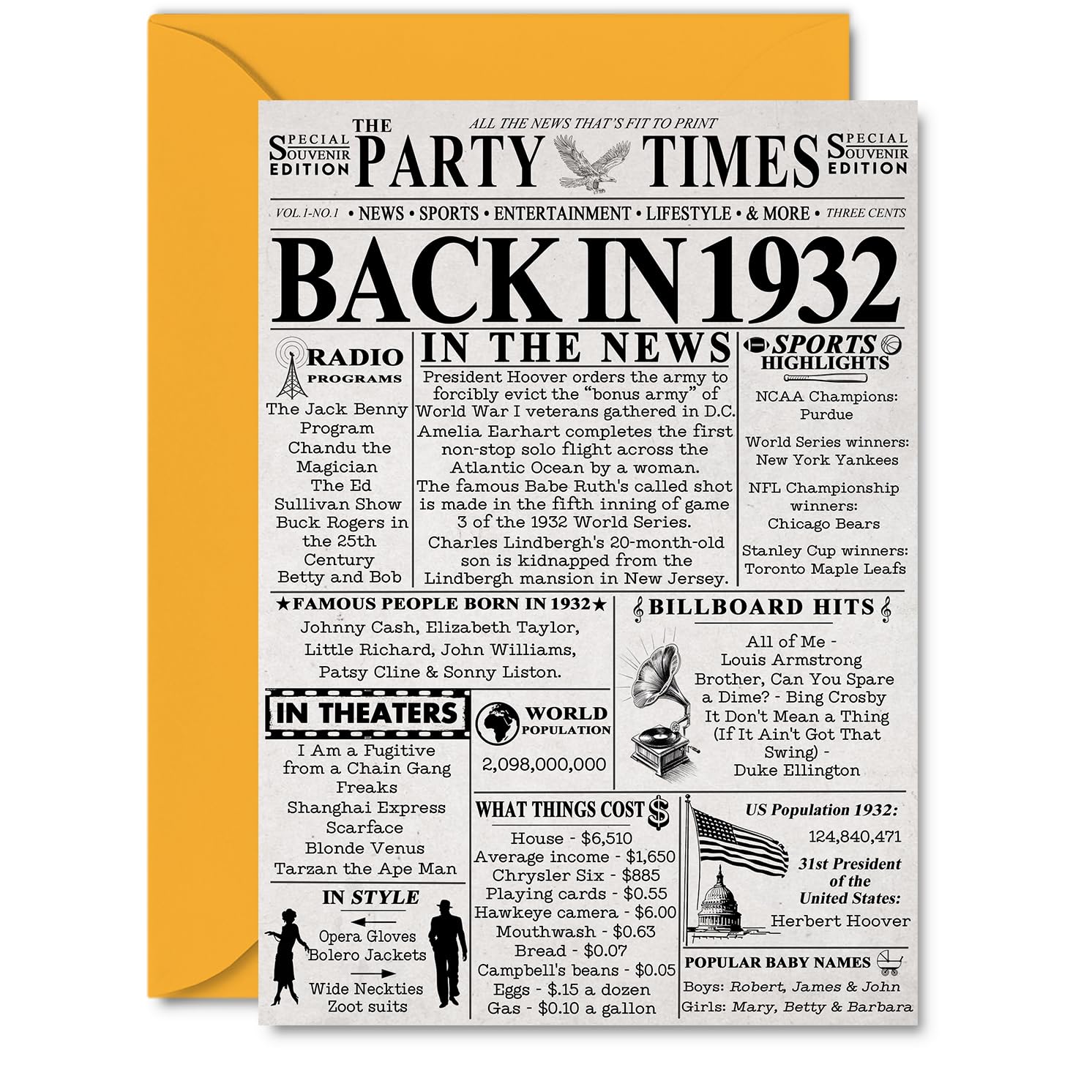 94th Birthday Cards for Men Women - Back In 1932 Newspaper - 94 Happy Birthday Decorations Card for Her Him Grandpa Grandma Dad Mom Uncle Aunt Vintage