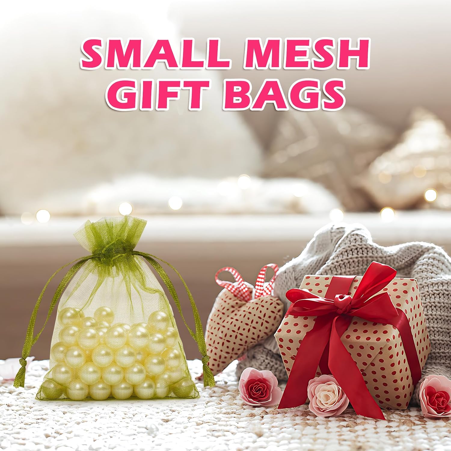 ANZNKU 100 Pcs Green Organza Bags 3×4'', Small Mesh Gift Bag Drawstring image 4