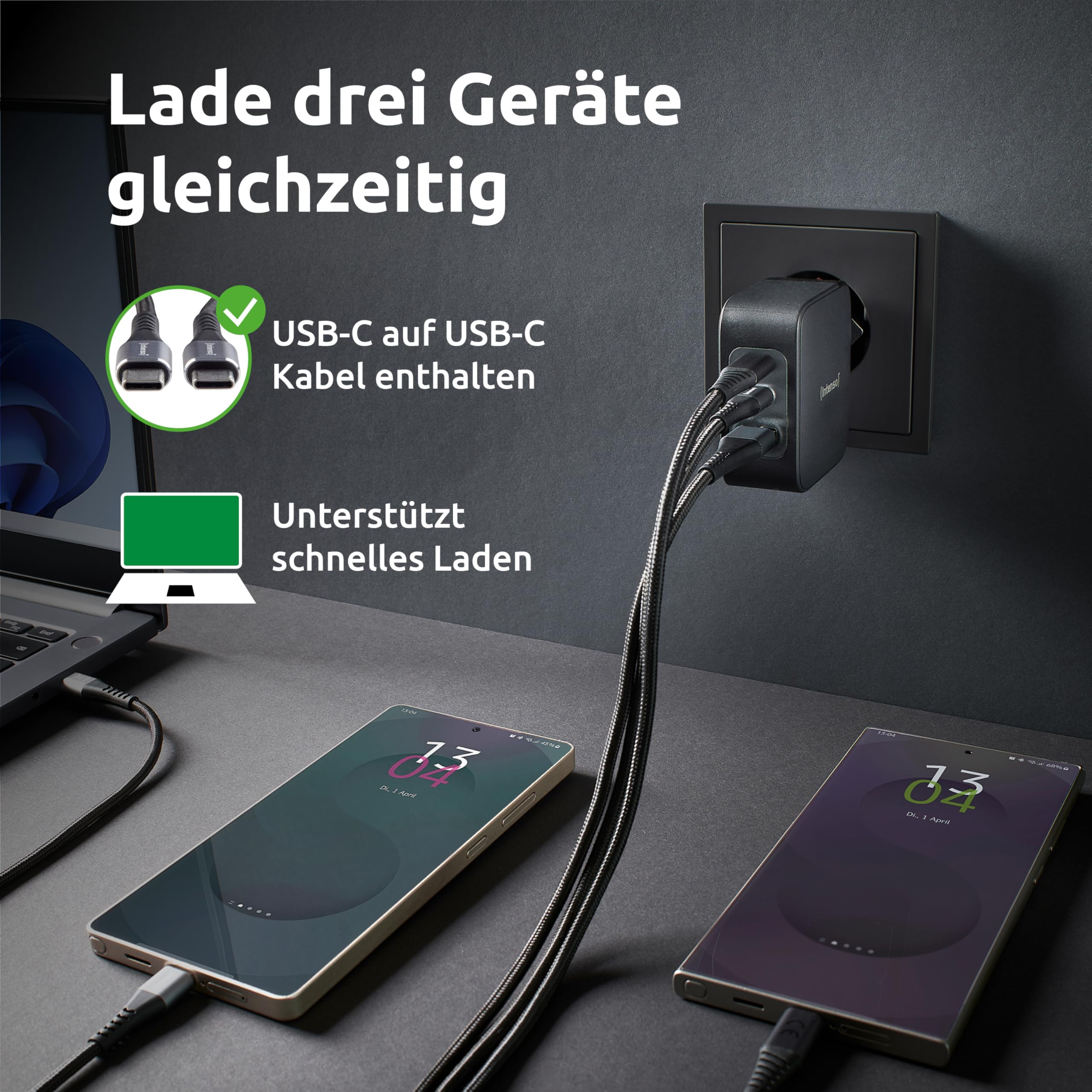 Intenso 100W GaN Schnellladegerät mit USB-C Kabel 2m – 3-Port Netzteil (2X USB-C, 1x USB-A), PD 3.1, PPS & QC 5.0 Fast Charger für MacBook, Laptop, iPhone 16/15, Samsung Galaxy, iPad, Schwarz