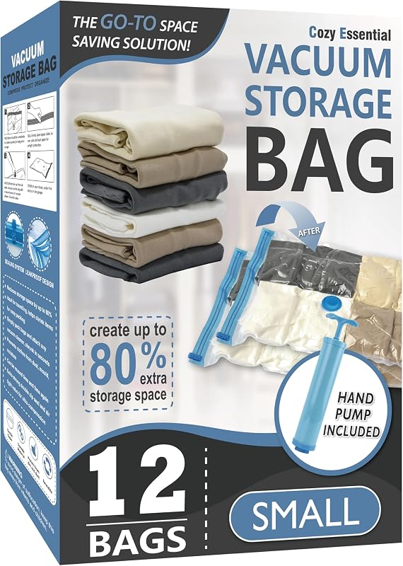 Vacuum Storage Bags with Hand Pump, Vacuum Seal Space Saver Bags,12 Small | 80% Space-Saving Bags for Clothes & Travel Essentials; Double-Zip Airtight Seal; For Luggage, Home & Travel Storage