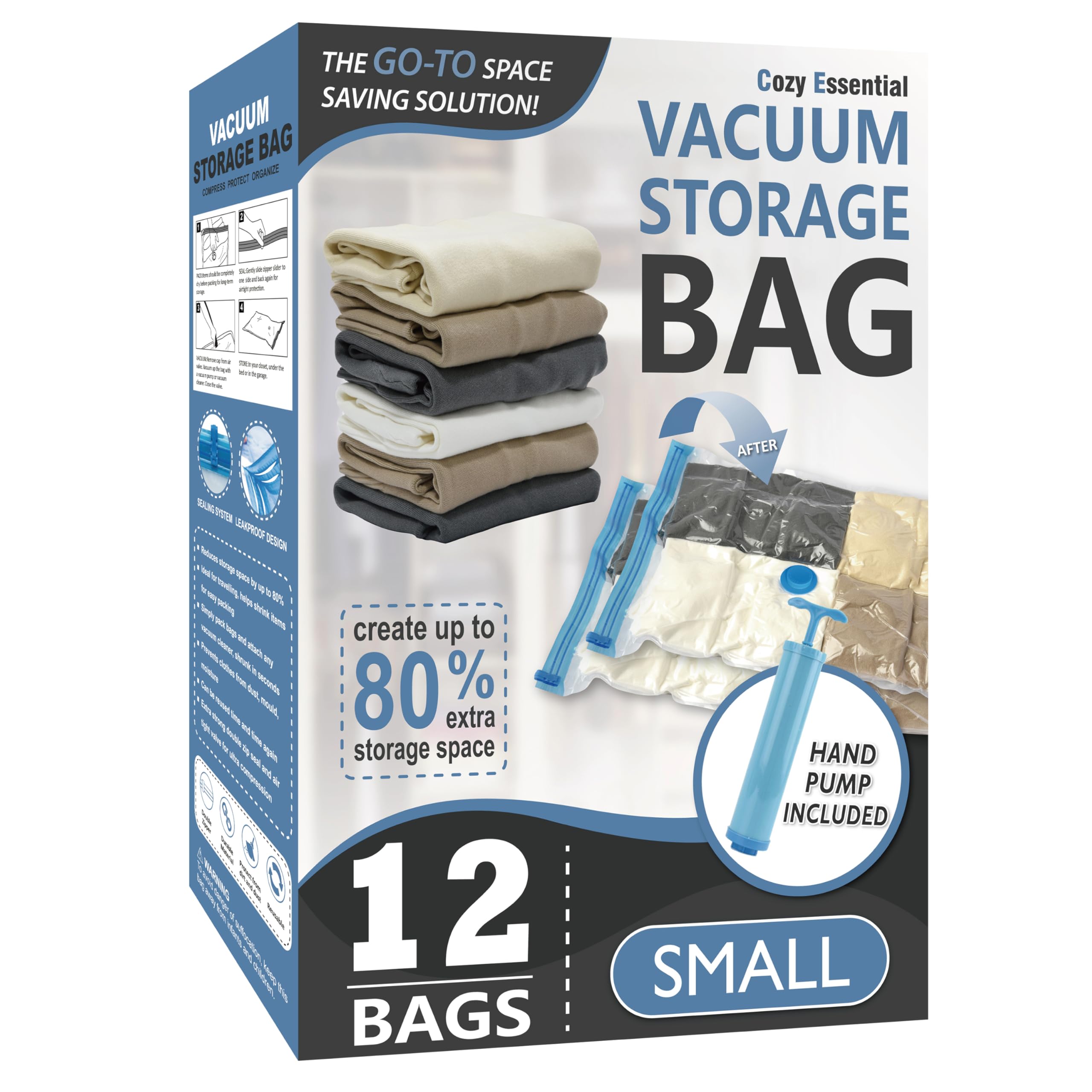 Cozy Essential Vacuum Storage Bags with Hand Pump 12 Small