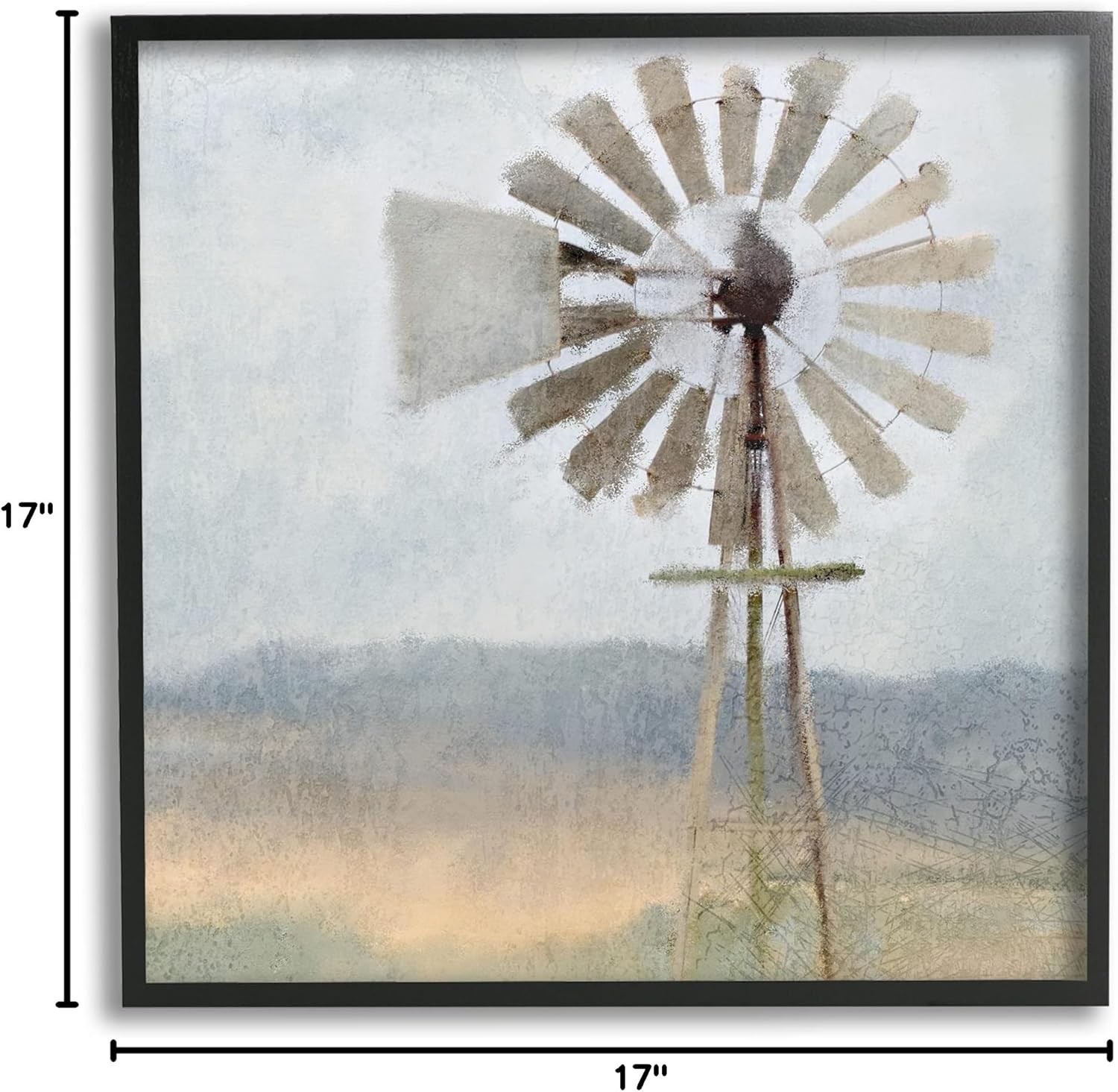 Neutral Blue Windmill Breeze Farmhouse Landscape Canvas Print with Black Wood Frame