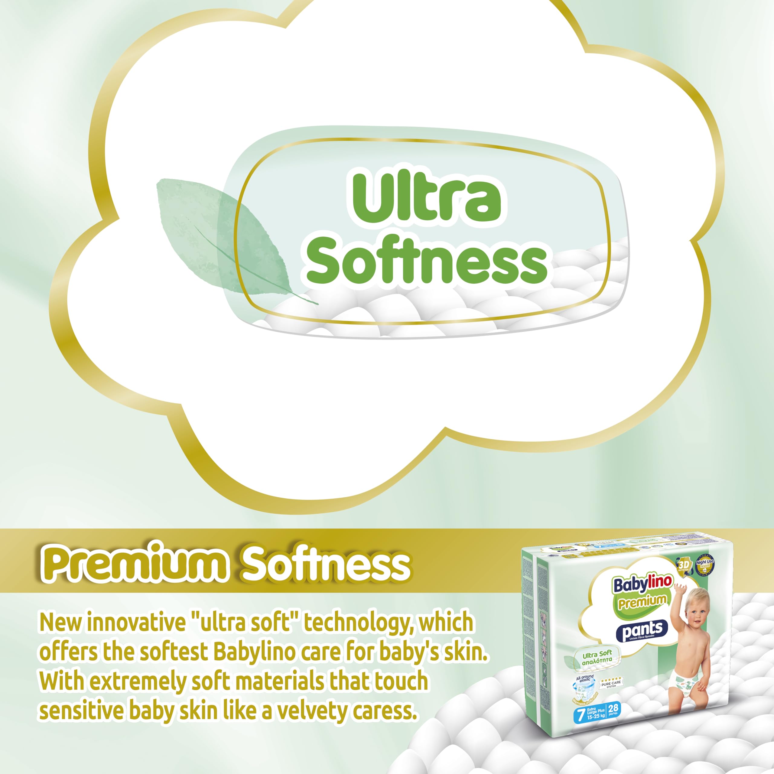Babylino Spodnie premium, rozmiar 7 pieluch z filtrem ULTRA SOFT, bardzo duże plus (15-25 kg), 28 sztuk
