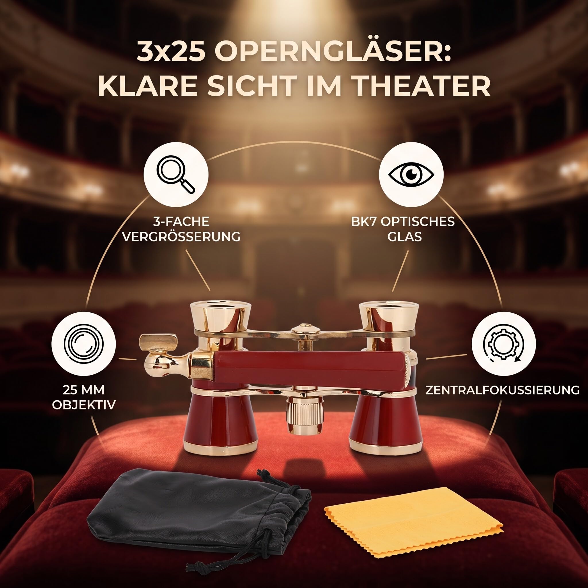 Lornetka do Opery, 3X25 Opera Lornetka Teleskopowa Teatr Przenośny Teleskop Teatr Okulary Operowe Lornetki dla Kobiet Dziewcząt Dzieci (czerwony)