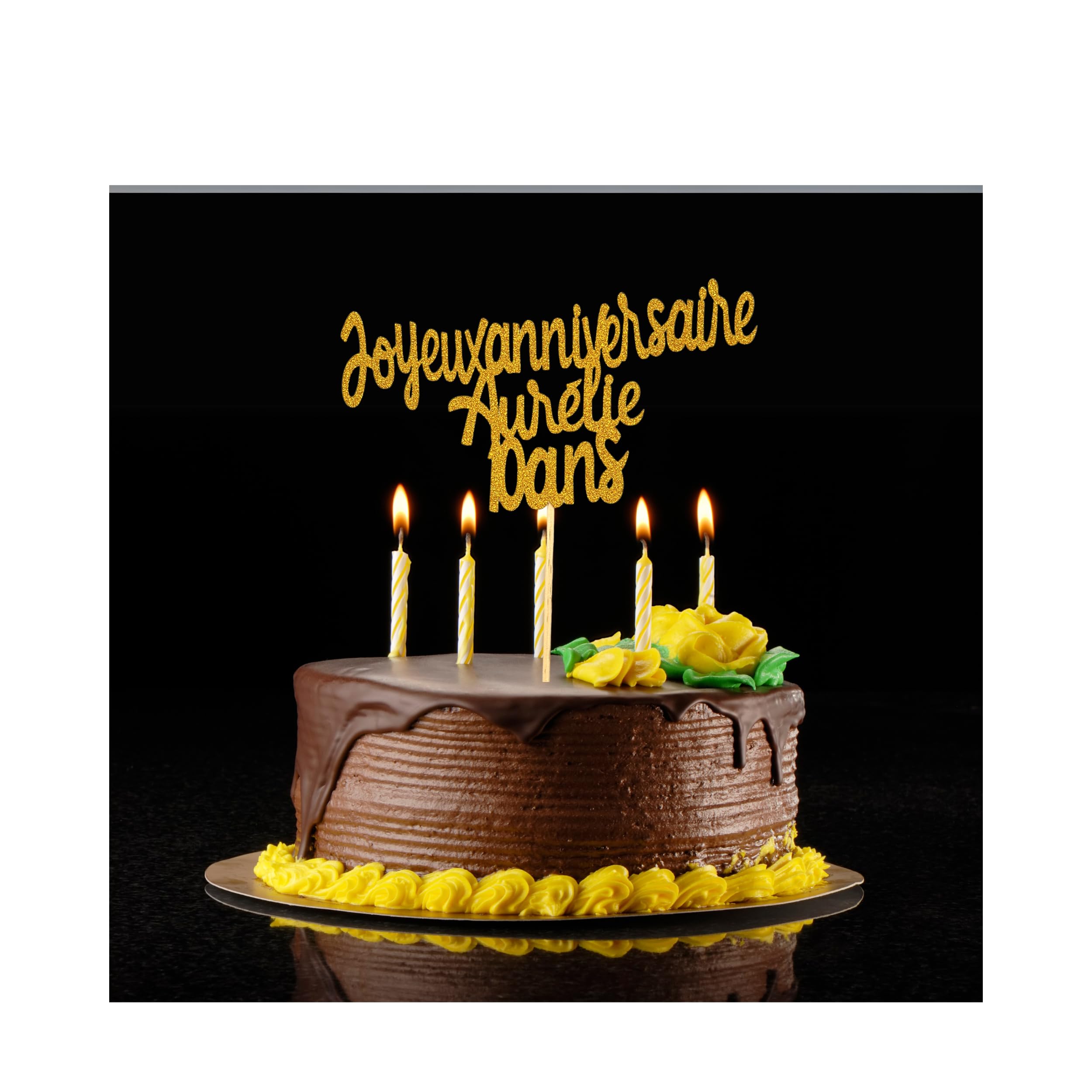 Cake Topper Joyeux Anniversaire Personnalisé Doré Pailleté Recto Verso Décoration Gâteau Anniversaire