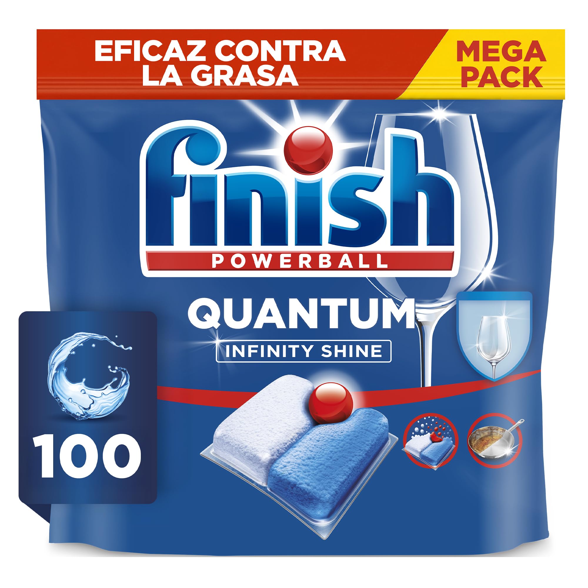Finish Powerball Quantum All in 1 Pastillas para el lavavajillas todo en 1, limpieza profunda y brillo superior, 100 pastillas