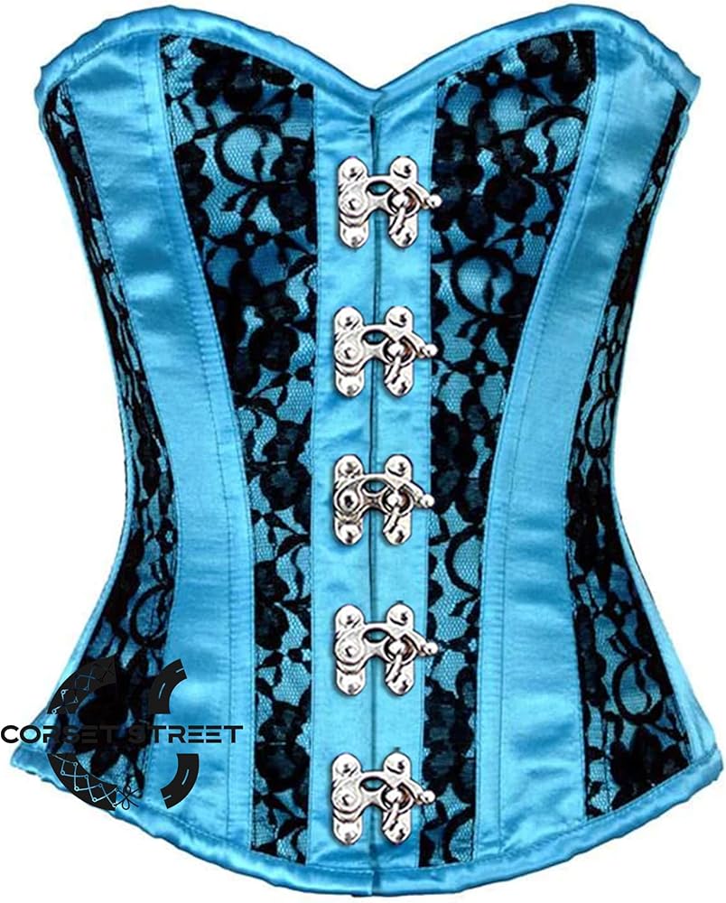 CorsetStreet Women's Turquoise Satin With Black Net Gothic Silver