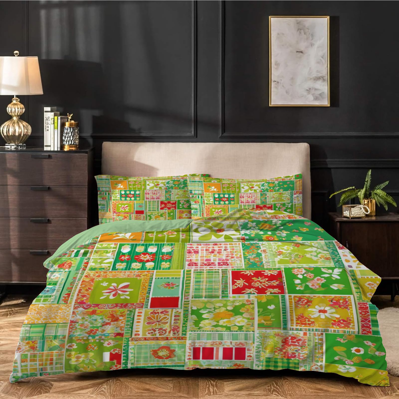 Dyausi Green Duvet Cover Double Patchwork Flowers Printed Reversible Stylish Bedding Double Bed Set For Man Woman Soft Microfiber Quilt Cover Double Bedding 200X200cm + 2 Pillowcases 50X75cm