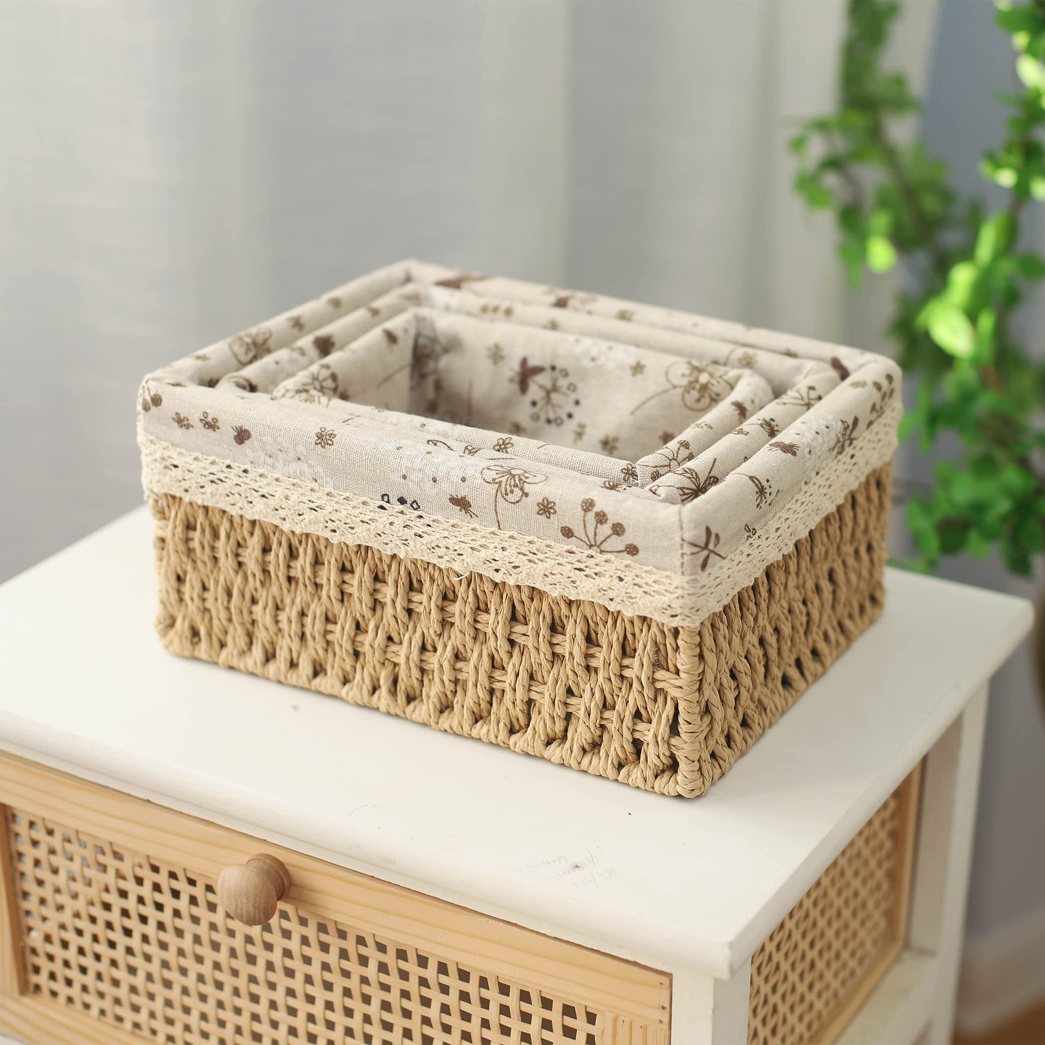 YRMT - Juego de 3 cestas de almacenamiento de cuerda de papel decorativo con forro, contenedores de almacenamiento rectangulares para maquillaje, baño, dormitorio, estantes organización, Home Deco