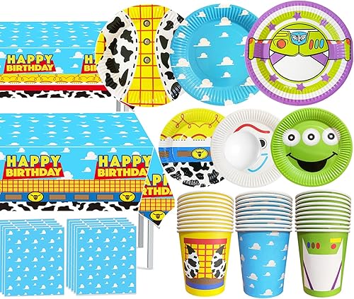Suministros para fiestas de historias de dibujos animados, 133 piezas, incluye platos de papel, servilletas, vasos, mantel y pancarta para niños y