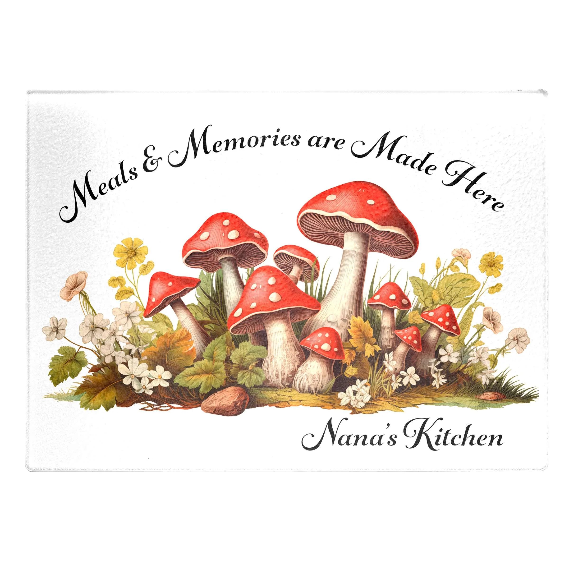 Personalized Mushroom Decor - Meals and Memories are Made Here Home Décor, Countertop Art, Tempered Glass Cutting Board #4765