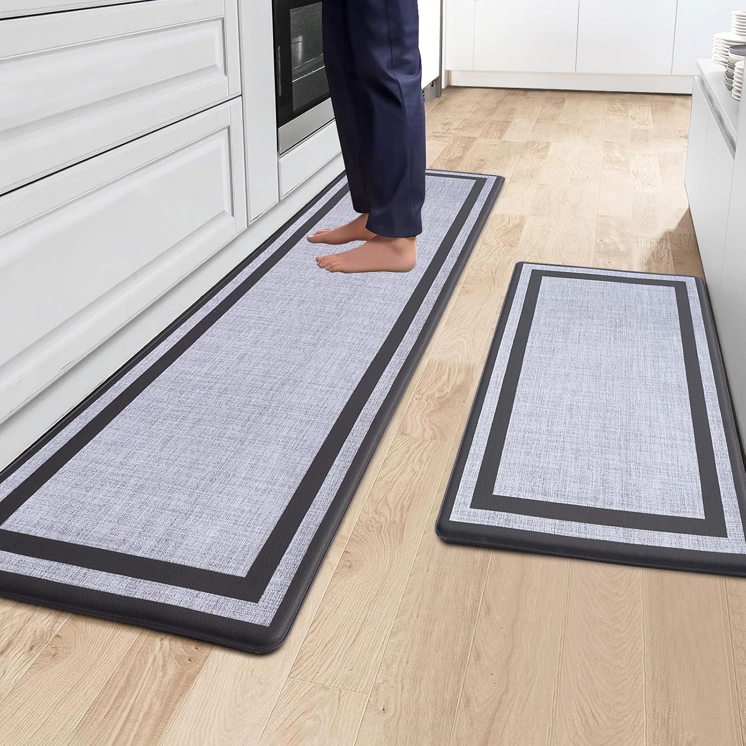 Kitchen Rugs Set of 2 Cushioned Anti Fatigue Floor Mat Standing Desk Mats Non-Slip Waterproof PVC Foam Ergonomic Comfort Rug for Kitchen Sink Office Laundry, 17.3"x29"+17.3"x59", Frame Grey 17.3" x 29" + 17.3" x 59" -1/2" Frame Grey