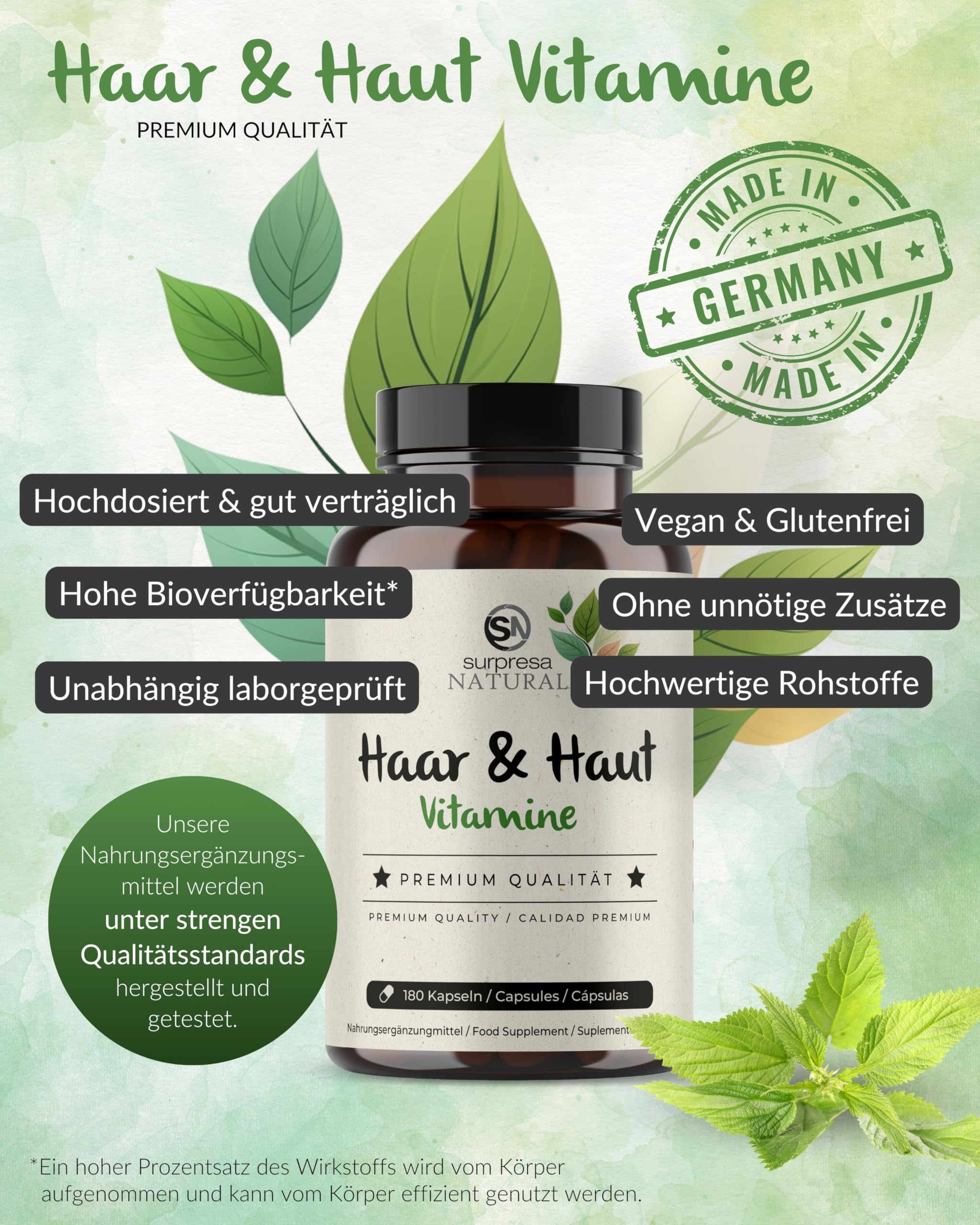 Haut & Haar Kapseln hochdosiert I 3x 180 Kapseln I 200mg Brennessel-Extrakt & Hirsesamen pro Kapsel I Haut & Haar Vitamine I Nahrungsergänzungsmittel vegan & laborgeprüft