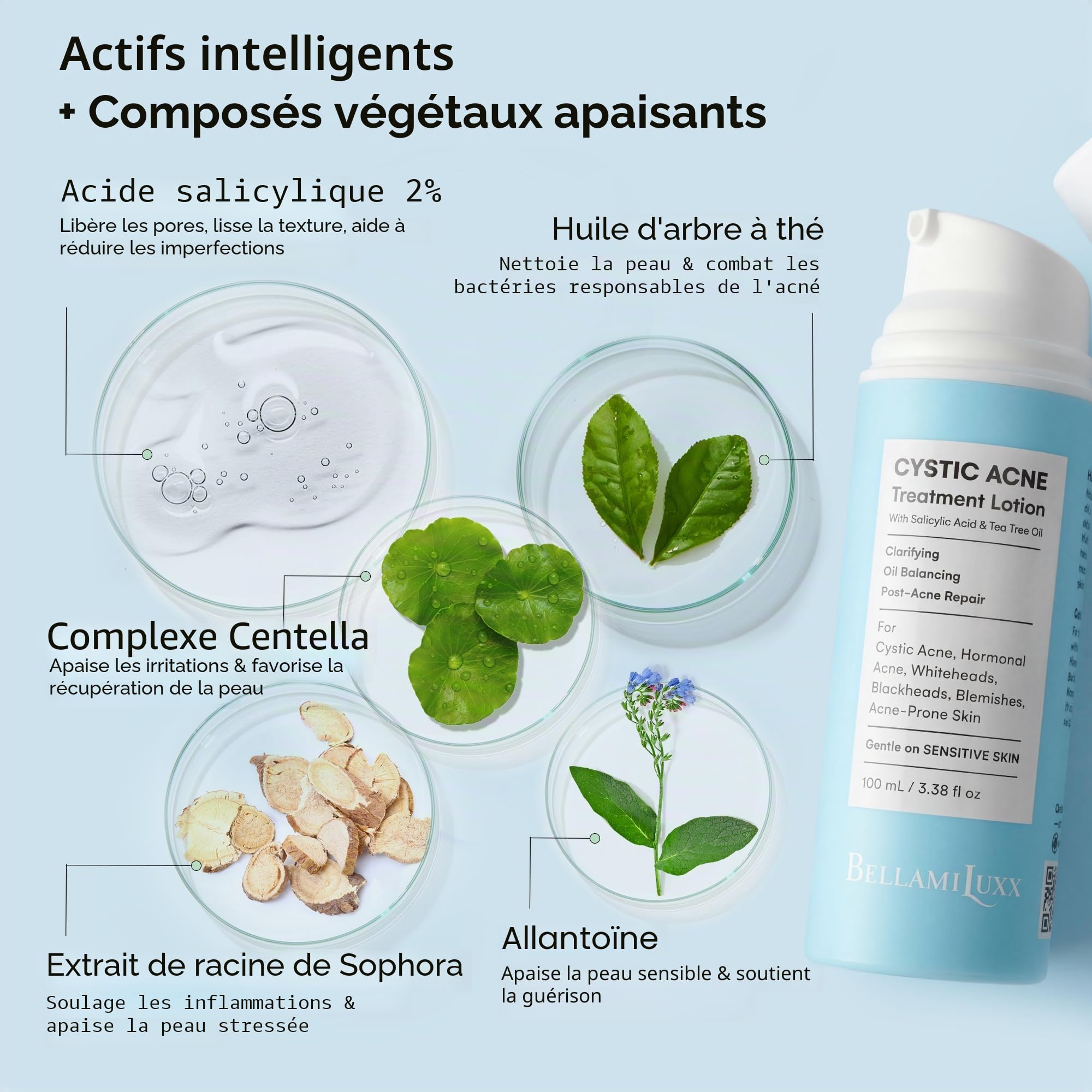 BellamiLuxx Traitement cystique de l'acné pour le visage : crème de traitement de l'acné hormonal pour adolescents et adultes - Acide salicylique et huile d'arbre à thé - Anti-acné hydratant réduit