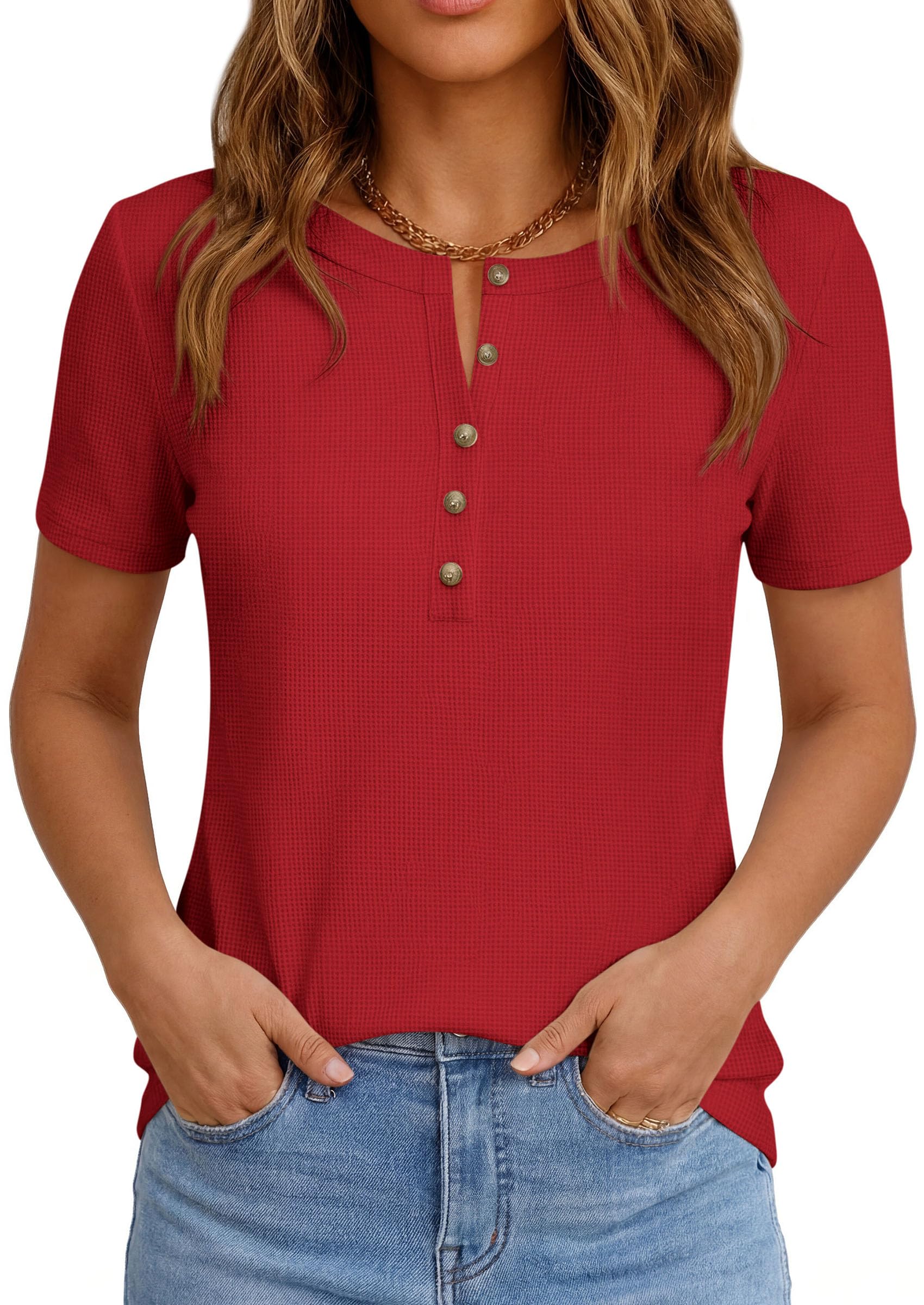 PRETTYGARDEN Waffle Knit Tops for Women Short Sleeve Henley Shirts 2026 Summer Blouses Dressy Casual Spring Fashion Clothes — view 8