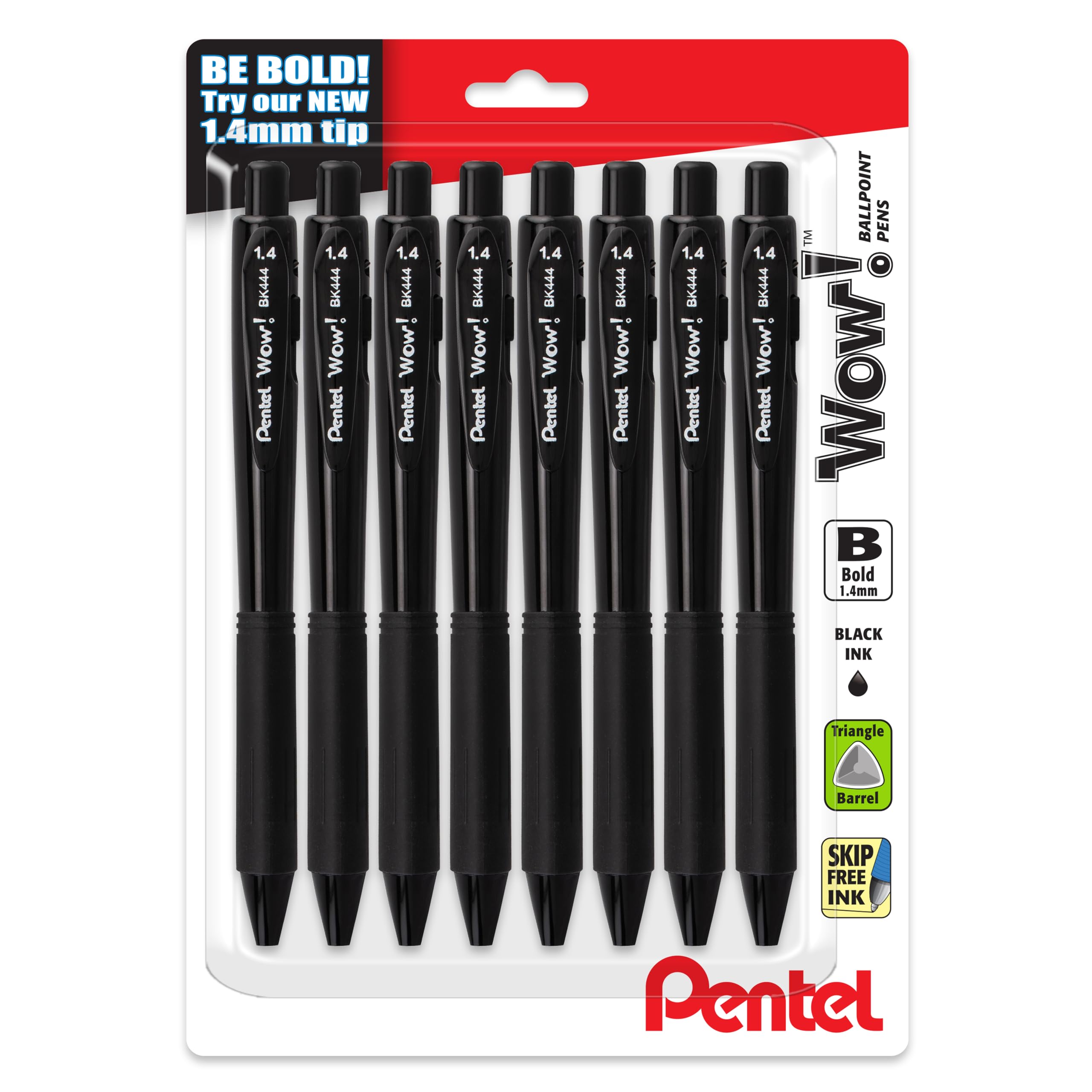 Pentel Wow! Retractable Ballpoint Pen, (1.4mm), Bold Line, Black Ink, Pack of 8 (BK444BP8A)