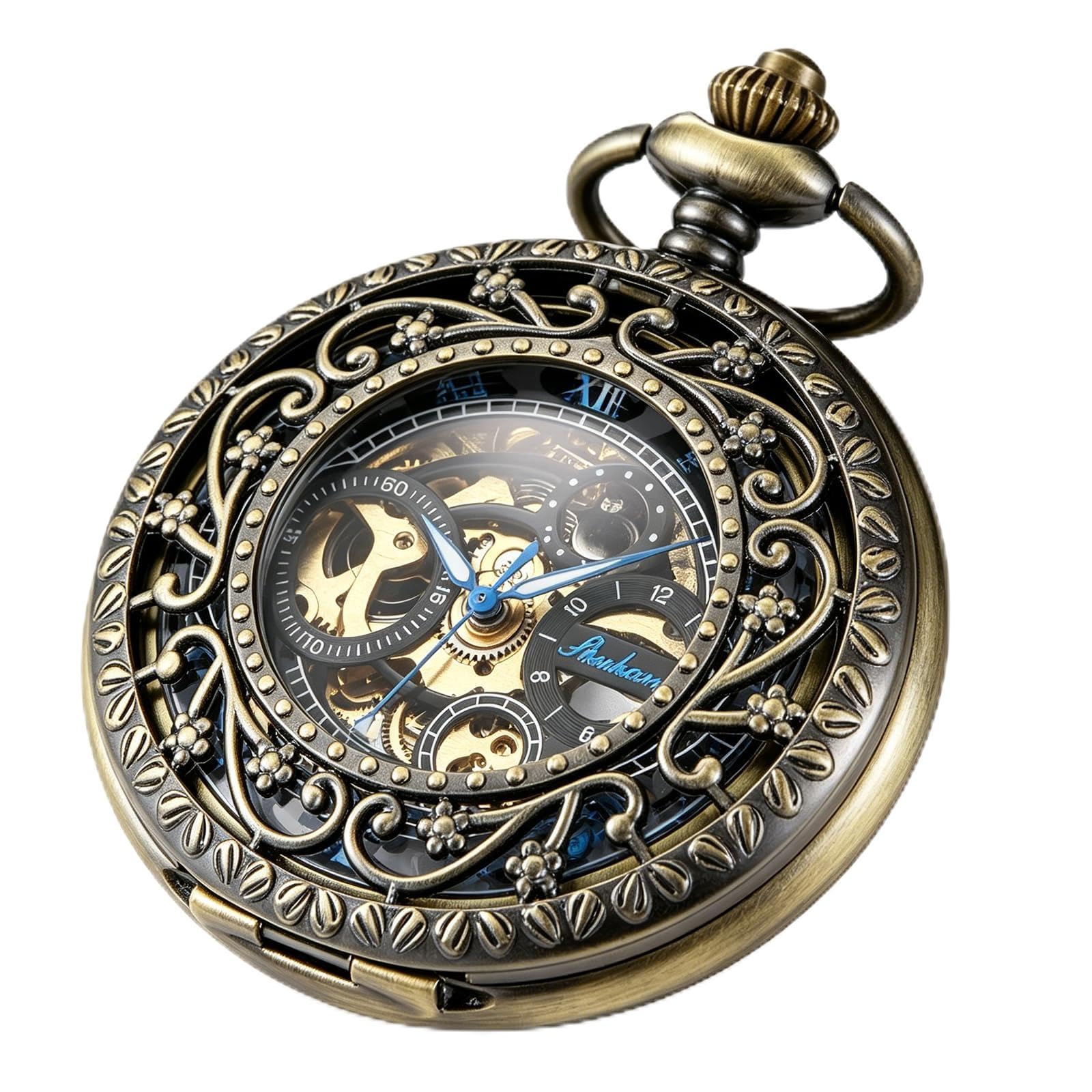 Fashion Skeleton Mechanical Pocket Watch, Antique Roman Numeral Dial Mechanical Pocket Watches for Men with Box