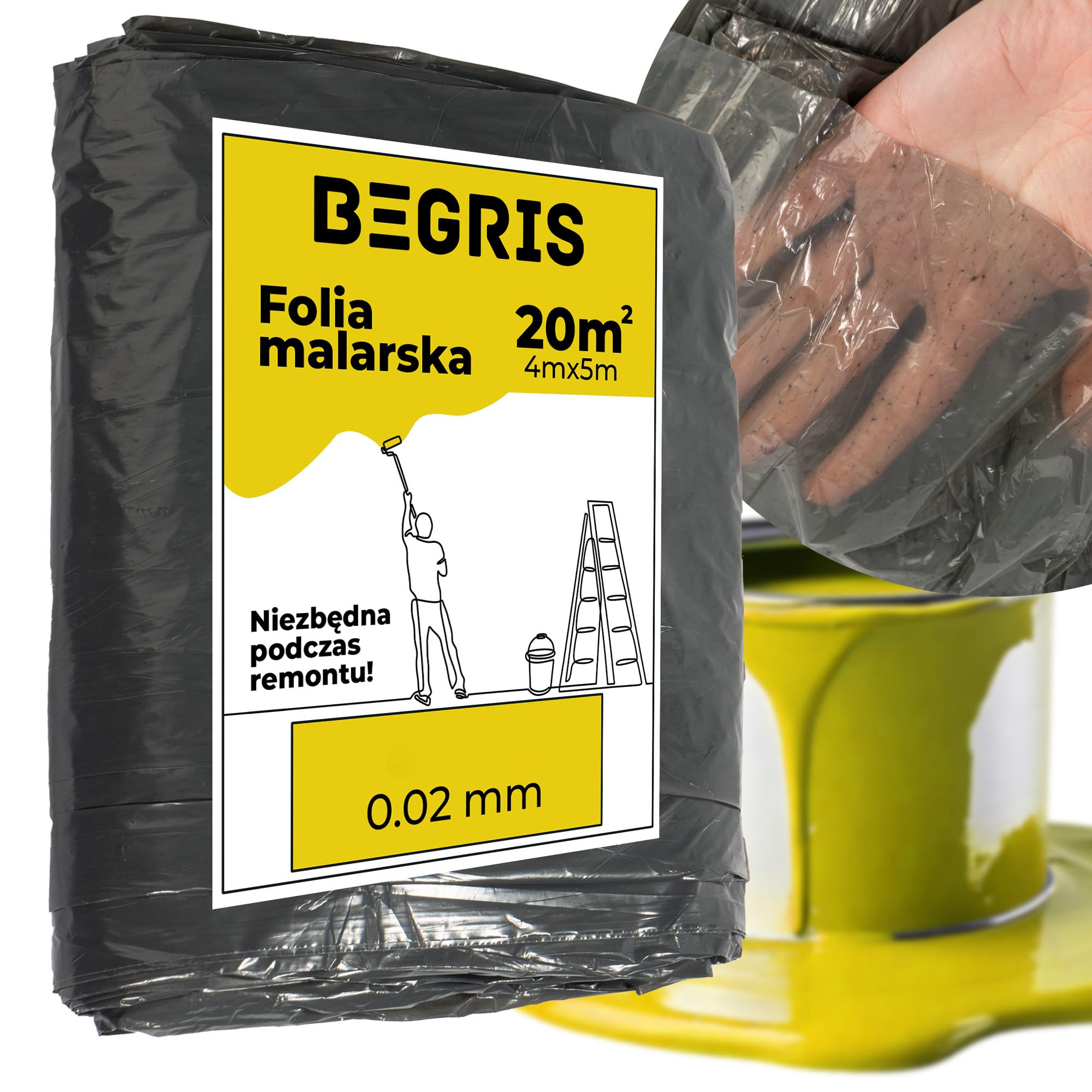 100xFolia Malarska Gruba 0.02mm Na Meble, Podłogi, Okna Ochronna Plandeka do Malowania 4x5m Wytrzymała Folia Osłonowa do Malowania i Remontu Folia Ochronna Czarna 100 sztuk