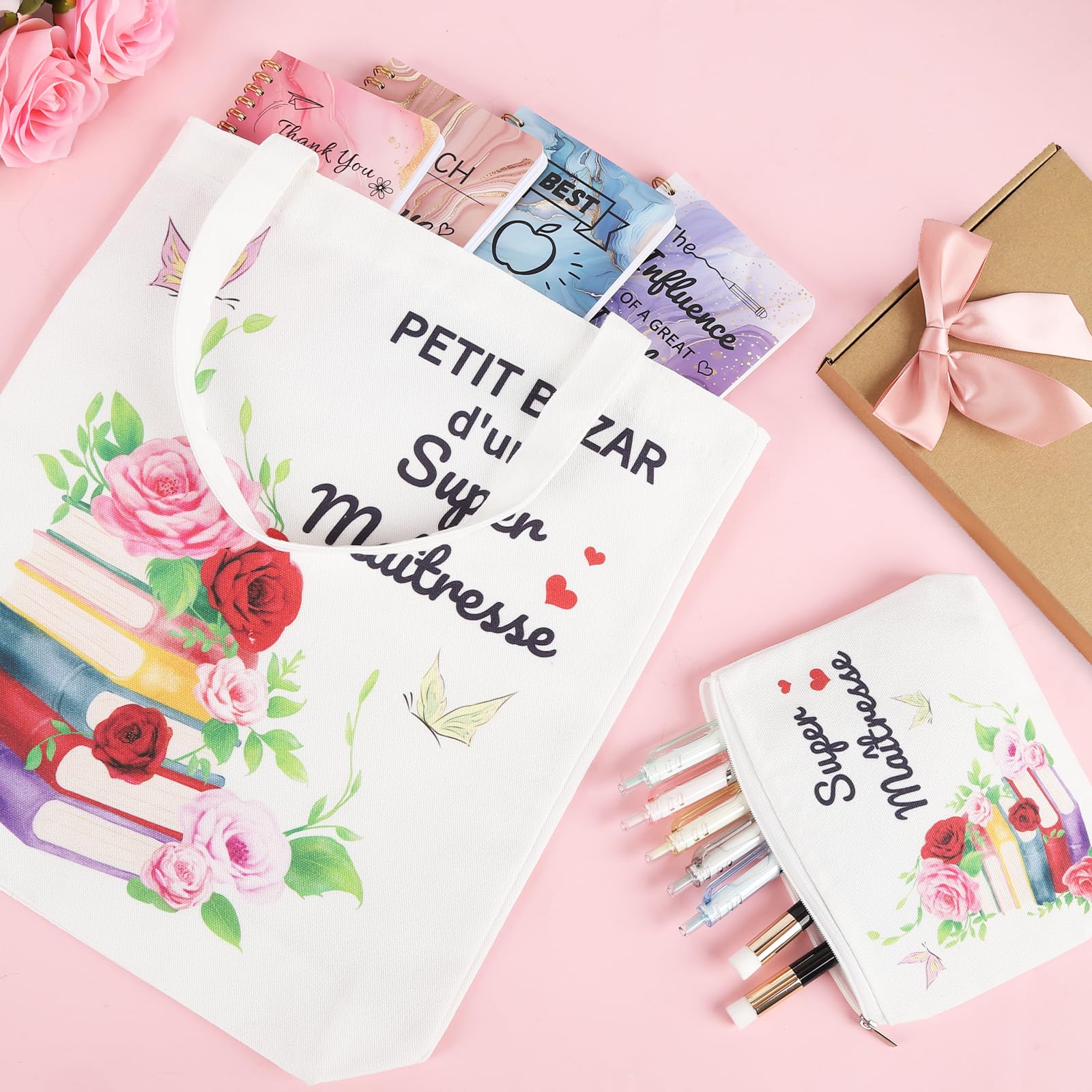 Cadeau Maîtresse d'École Fin d'Année avec Tote Bag Sac de Papeterie Boîte Cadeau Personnalisé