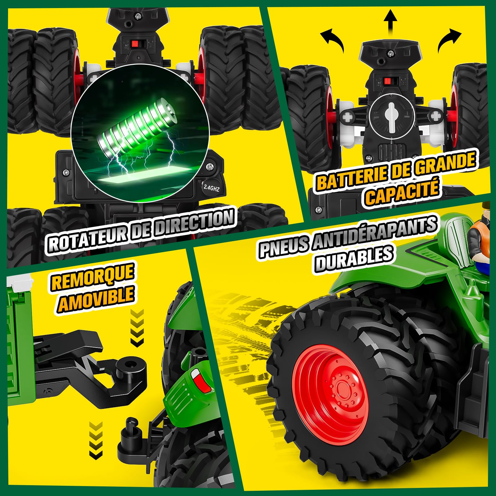 Tracteur Jouet Enfant RC Télécommandé avec Lumière Remorque Levage Vache Mouton Balle de Foin Cadeau Agricole