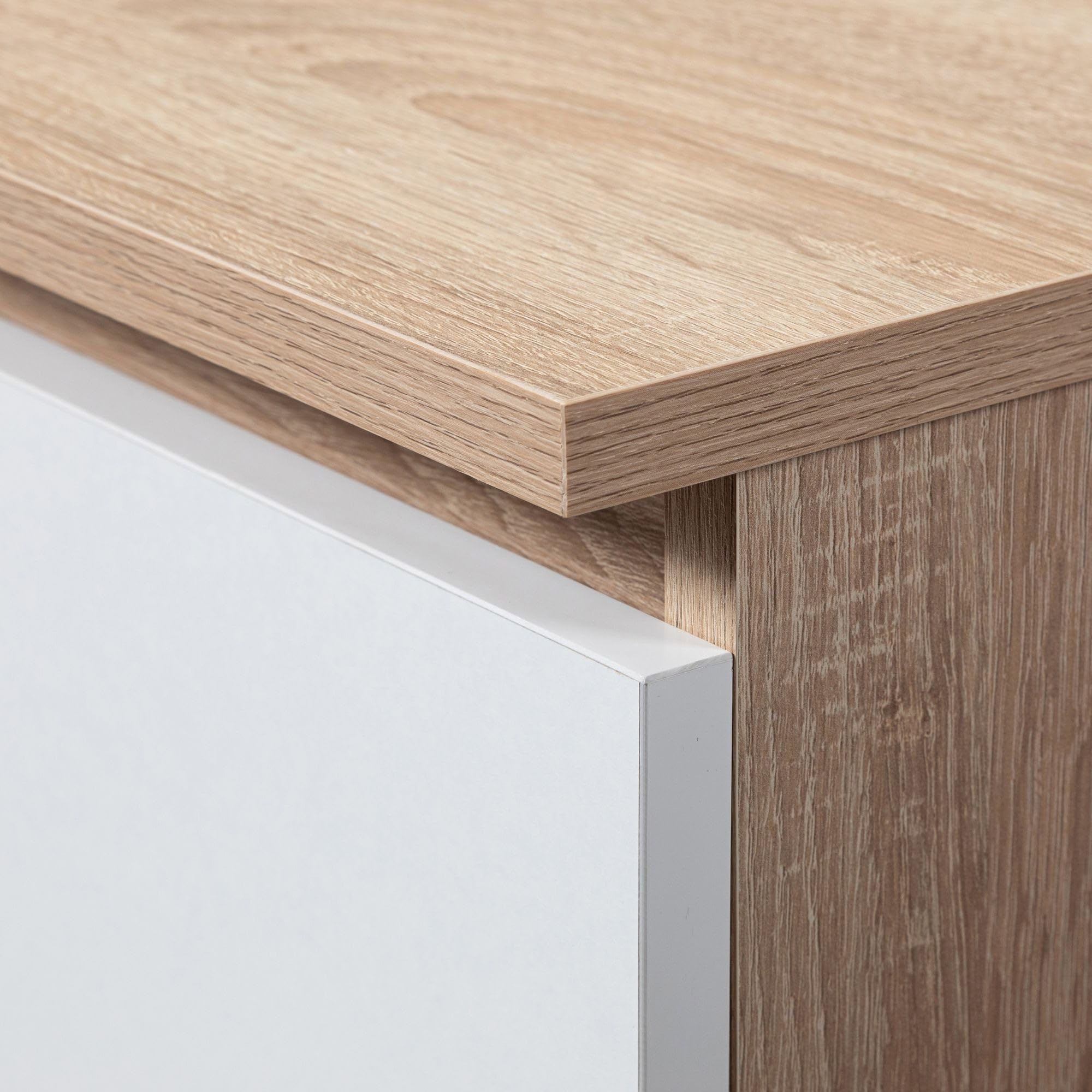 AKORD Kommode K100 mit 3 Schubladen, Schrank mit 2 Tür 4 Regalböden, Für das Wohnzimmer Schlafzimmer, Moderne, 16mm Laminierte Platte, B101xH76xT35 cm, Farbe Sonoma-Eiche & Weiß