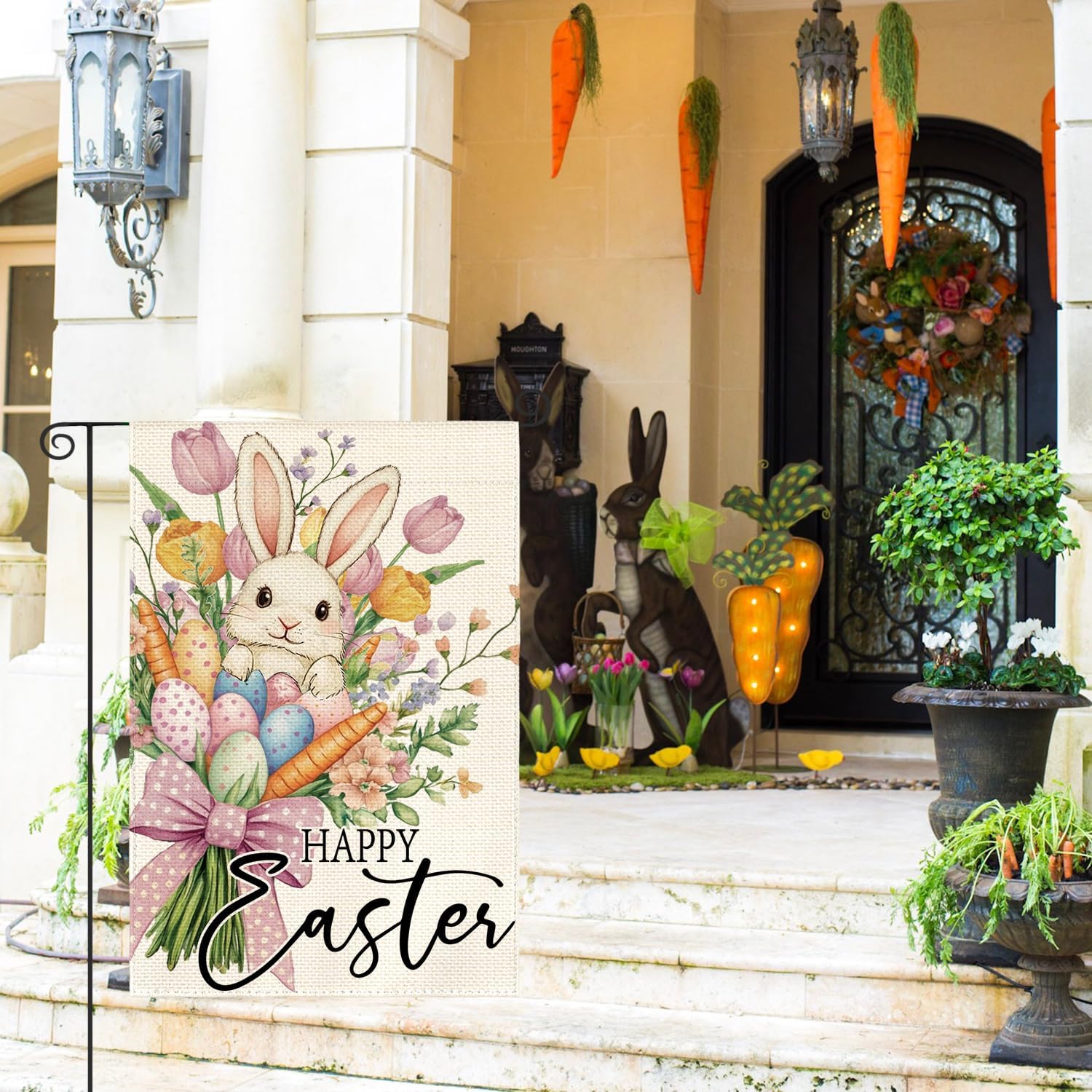 AVOIN colorlife Happy Easter Floral Garden Flag 12x18 Inch Double Sided Outside, Easter Eggs Bunny Flowers Yard Outdoor Flag - Image 2