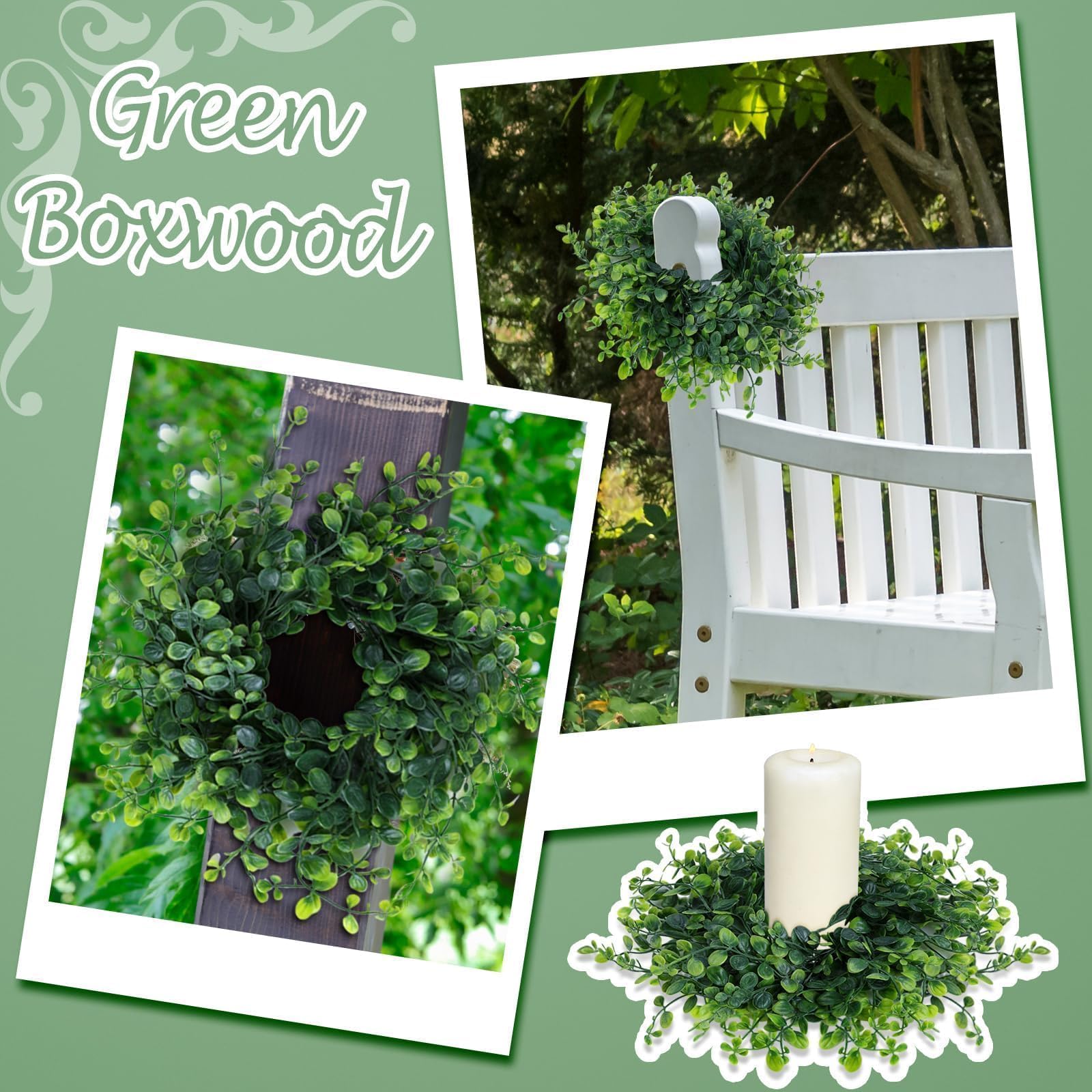 Kerzenringe für Frühling und Sommer, grüne Buchsbaumkränze, 7,6 cm, grüne Buchsbaumkerzenringe, Säulen, Küchenschrank, Kränze, Mini-Kerzenkranz für Hochzeit, Party, Dekoration, 4 Stück